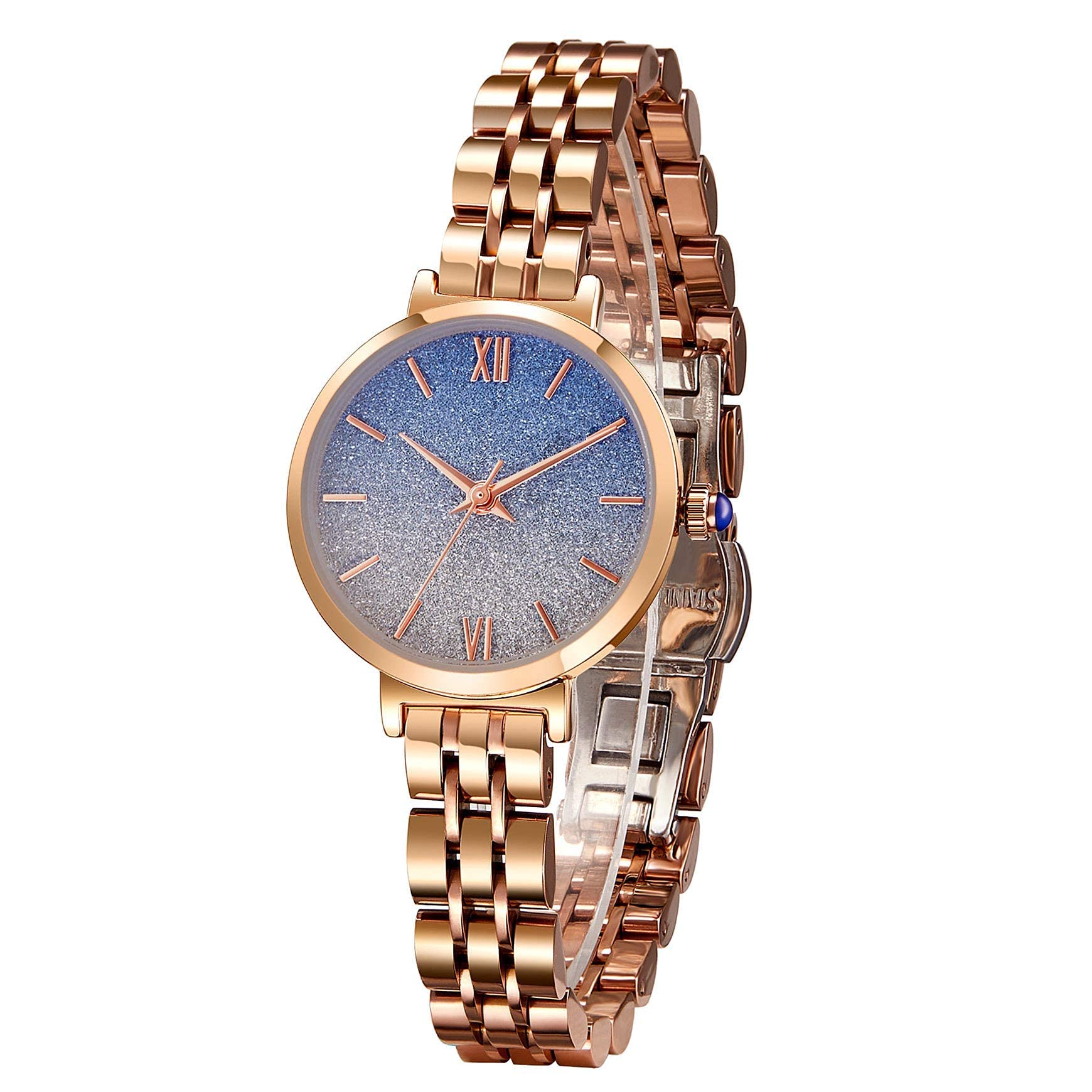 Japanese Quartz Women's Watch - 18k Gold Ion-Plated Stainless Steel Case, Waterproof Blue Dial - Elegant Fashion Wristwatch for Women | Perfect for Office, Party & Everyday Wear