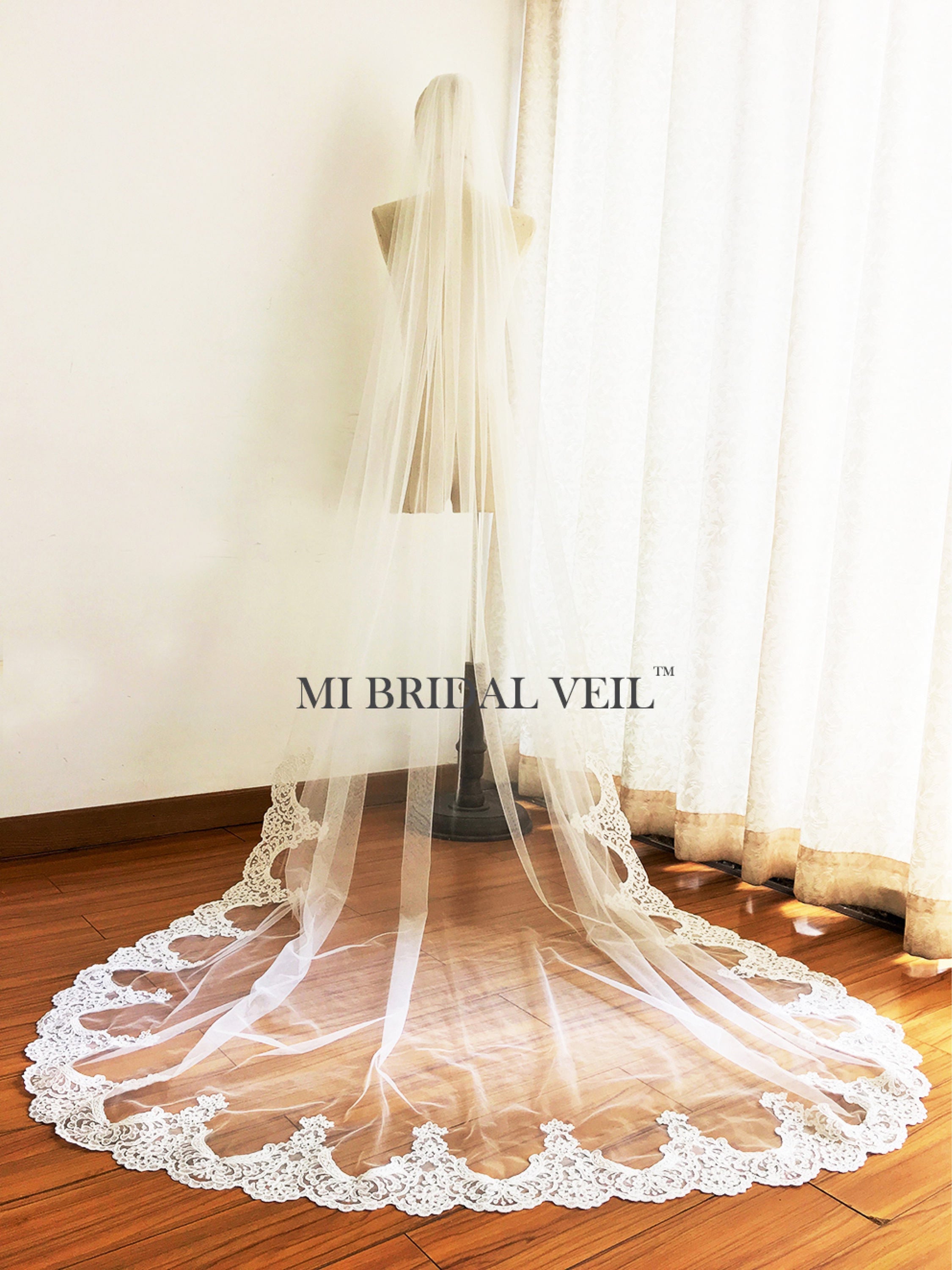 Elegant Cathedral Lace Wedding Veil - Edwardian Inspired Bridal Veil with Delicate Bottom Lace | Perfect for Vintage Weddings, Formal Ceremonies & Bridal Photography