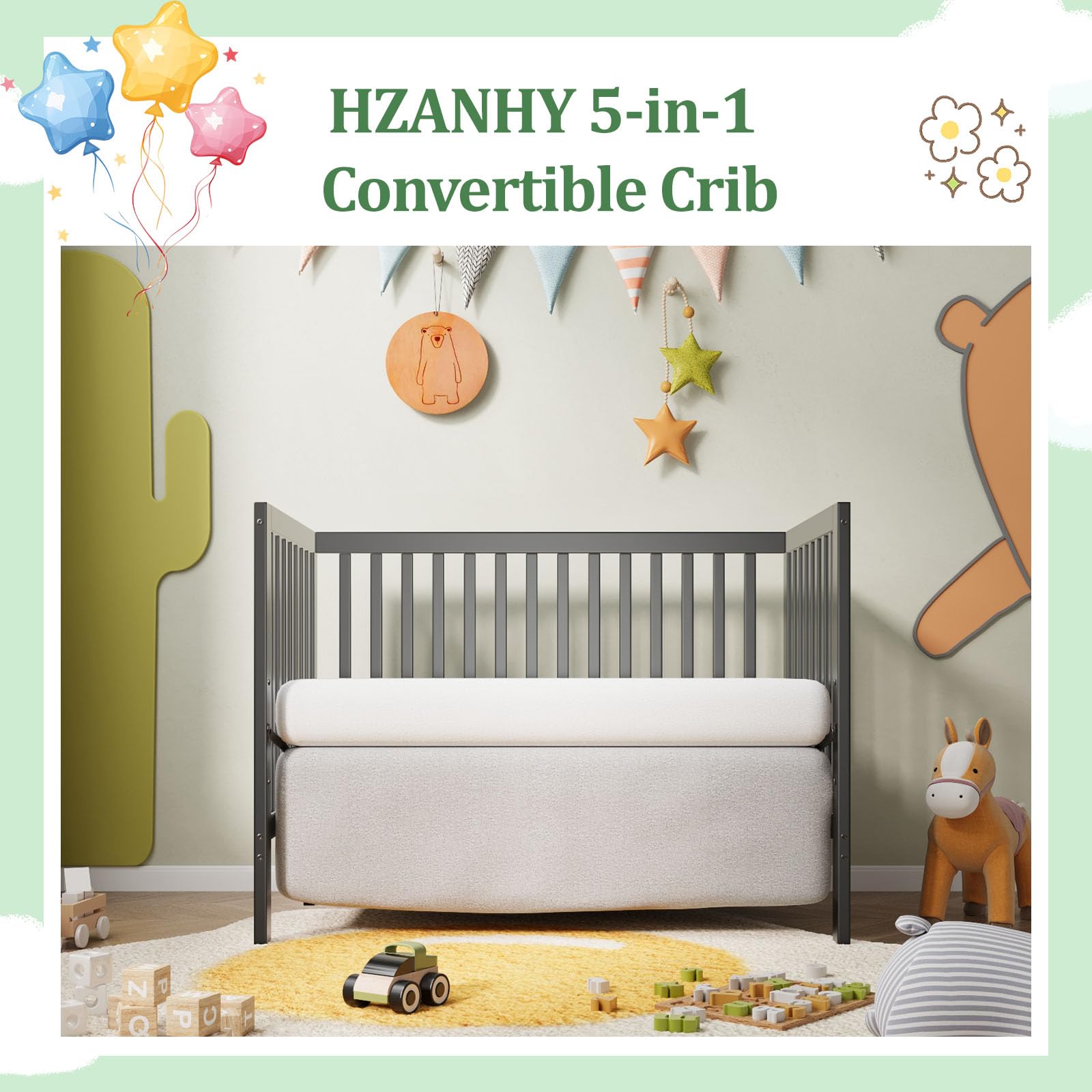 5-in-1 Convertible Baby Crib to Toddler Bed - Grey Nursery Furniture Set with Daybed & Full-Size Bed Frame Conversion (Mattress Not Included) | Perfect for Newborns, Infants & Growing Kids Bedroom Decor
