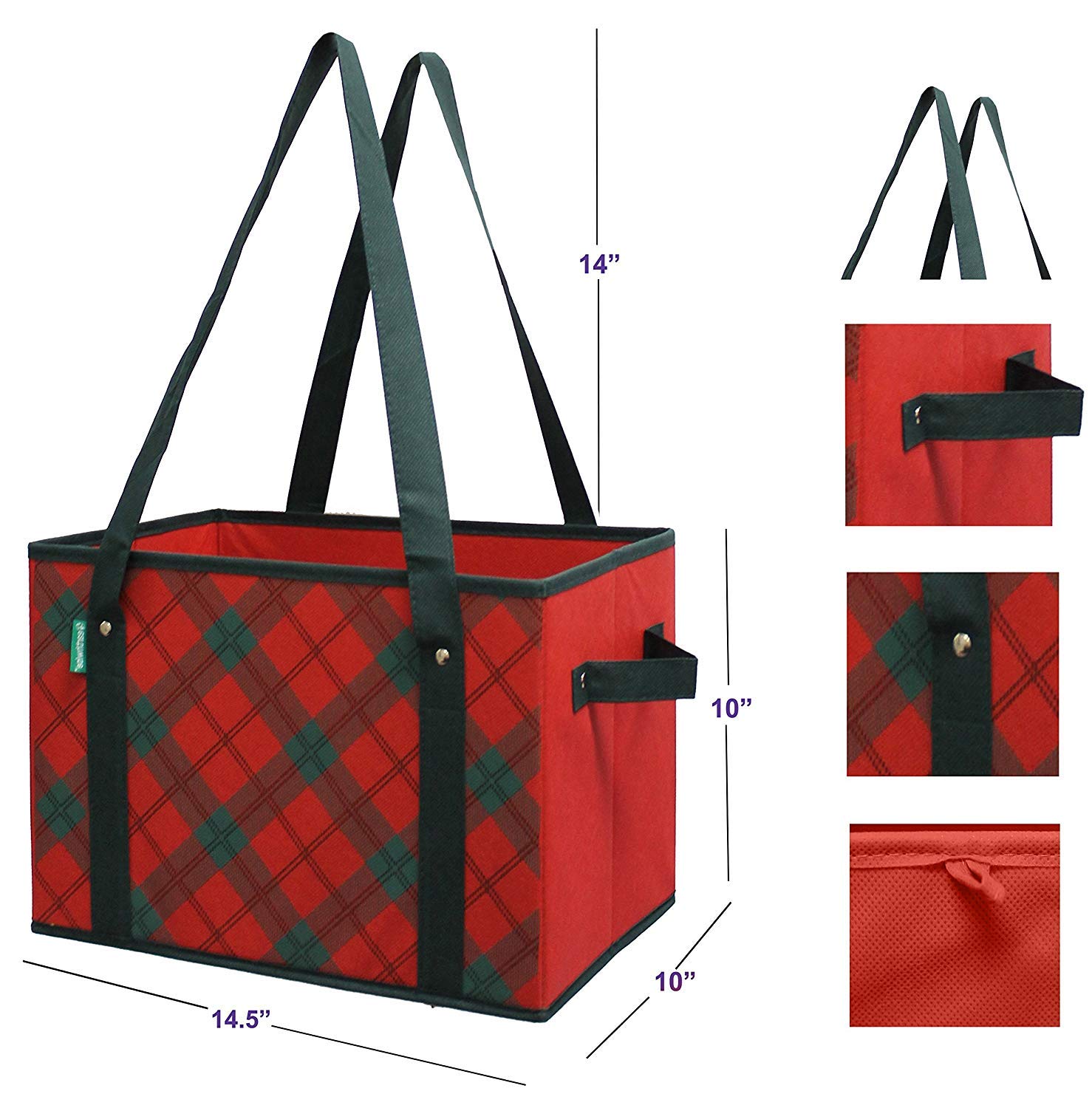 Earthwise Deluxe Collapsible Reusable Shopping Box Set - 3 Pack Grocery Bags with Reinforced Bottom, Holiday Plaid Design for Christmas Storage | Perfect for Grocery Shopping, Pantry Organization & Gift Wrapping