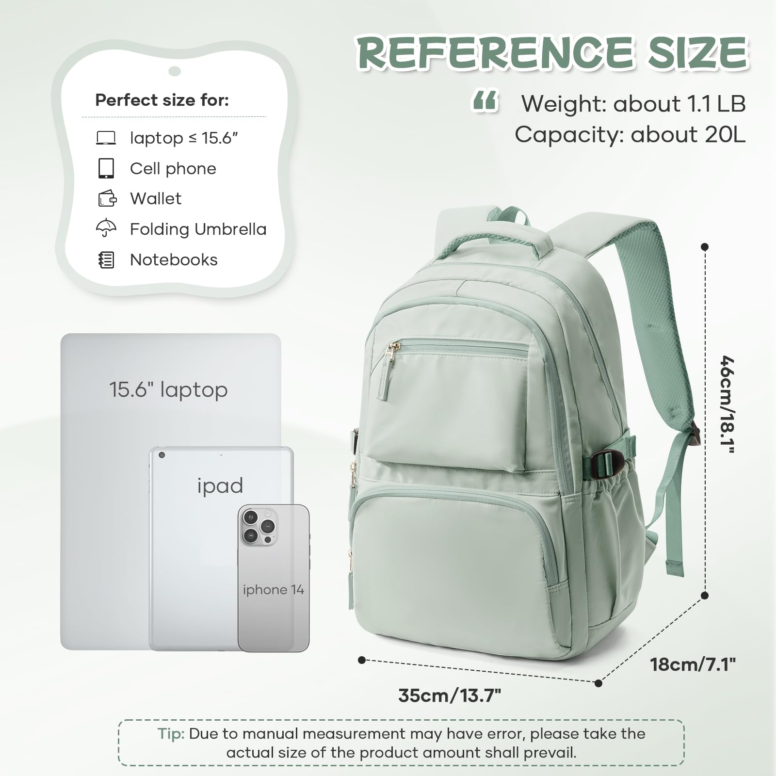 Coofay Unisex Mint Green College Backpack - 15.6 Inch Laptop Backpack with Water Resistant & Anti-Theft Pocket - Modern Small Backpack for School, Travel & Daily Use