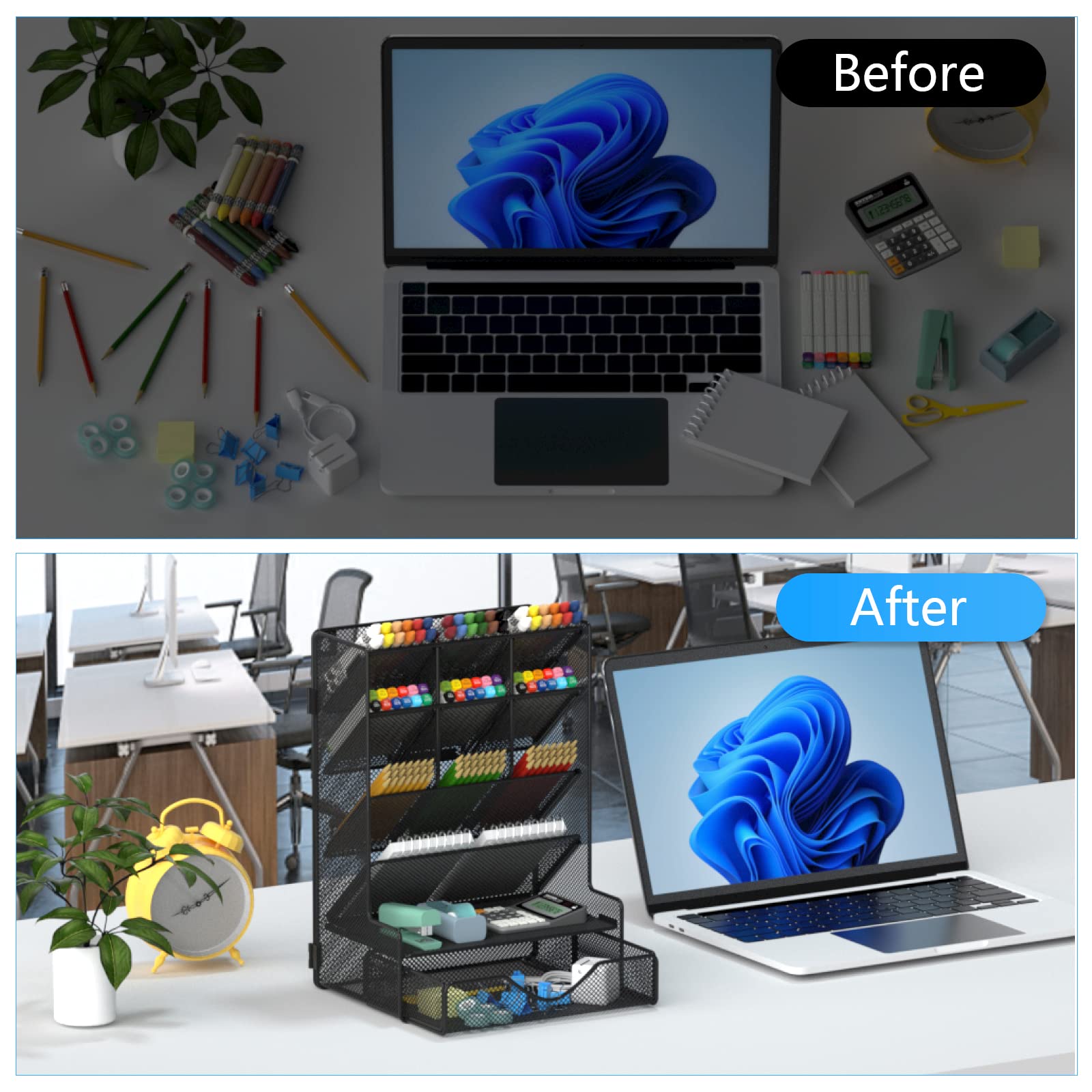 Multi-Functional Desk Pen Organizer with Drawer - Wall Mount Pencil Holder for School, Office & Home - Perfect for Art Supplies, Stationery & Craft Storage (Black) | Ideal for Workspace Organization & Creative Projects