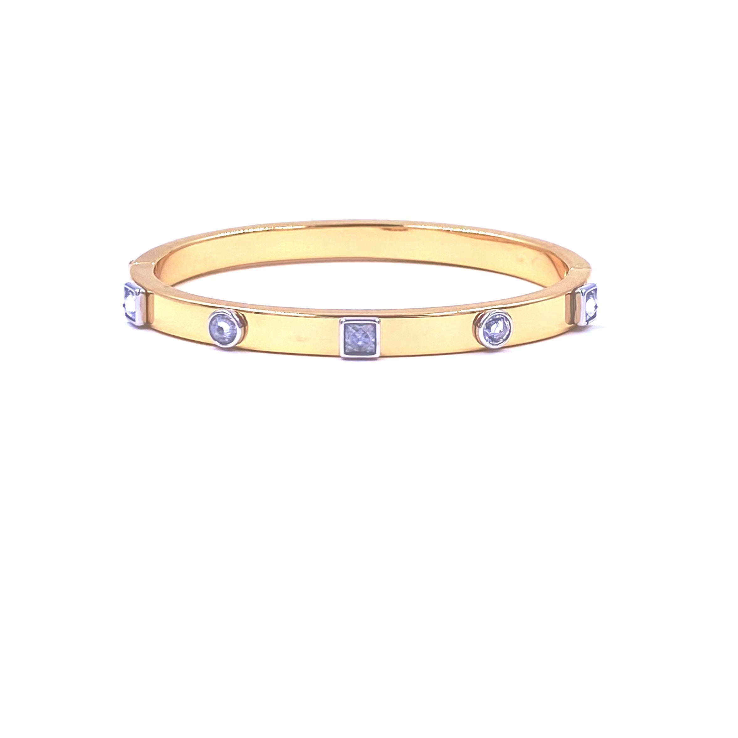 Ashley Gold Stainless Steel Princess & Round Cut CZ Mixed Metal Bangle Bracelet for Women - Elegant Jewelry Gift for Birthday, Anniversary & Special Occasions
