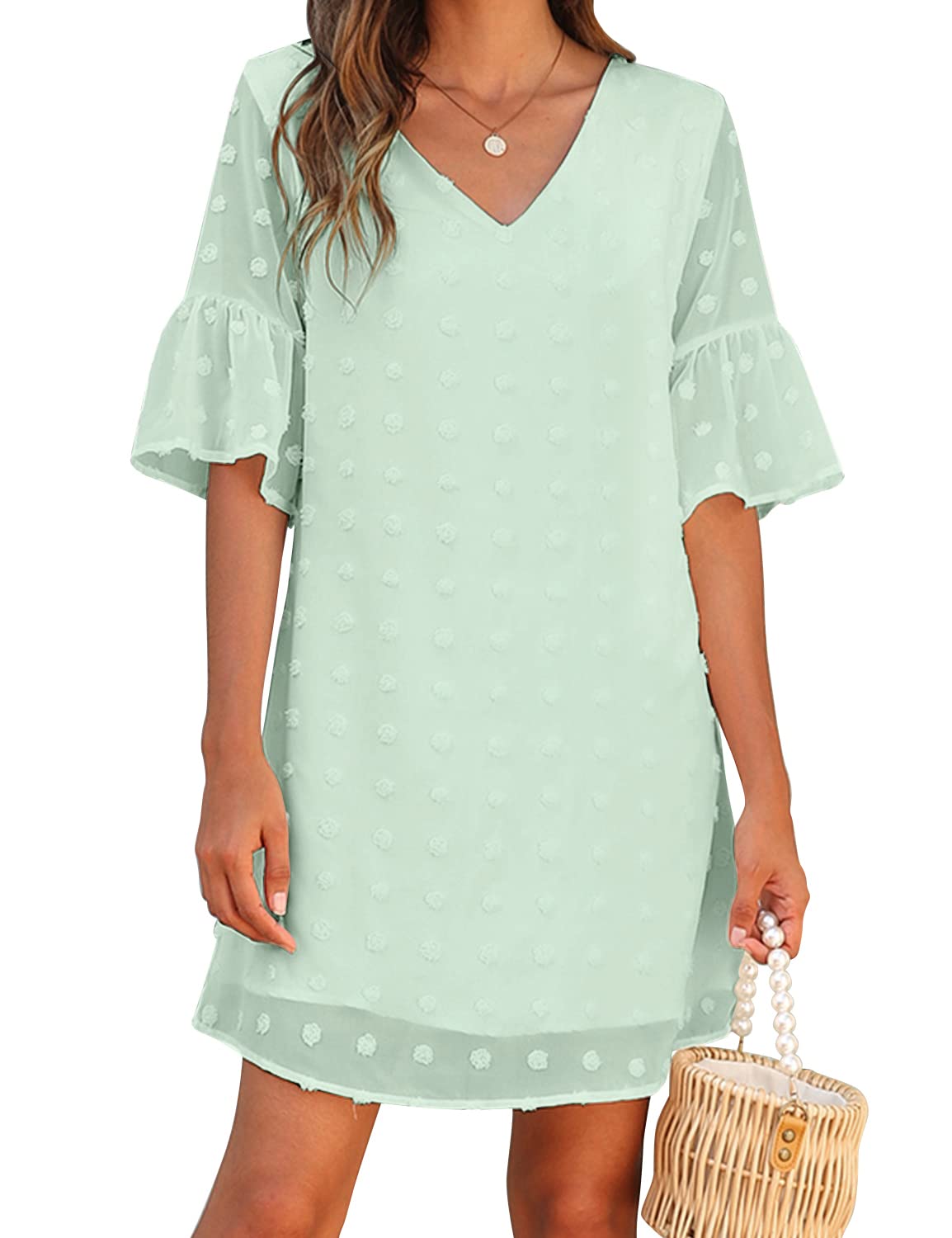 Women's White Chiffon Flowy Shift Mini Dress - Short Sleeve V-Neck Ruffle Sun Dress | Perfect for Summer Outings, Beach Vacations & Casual Dates