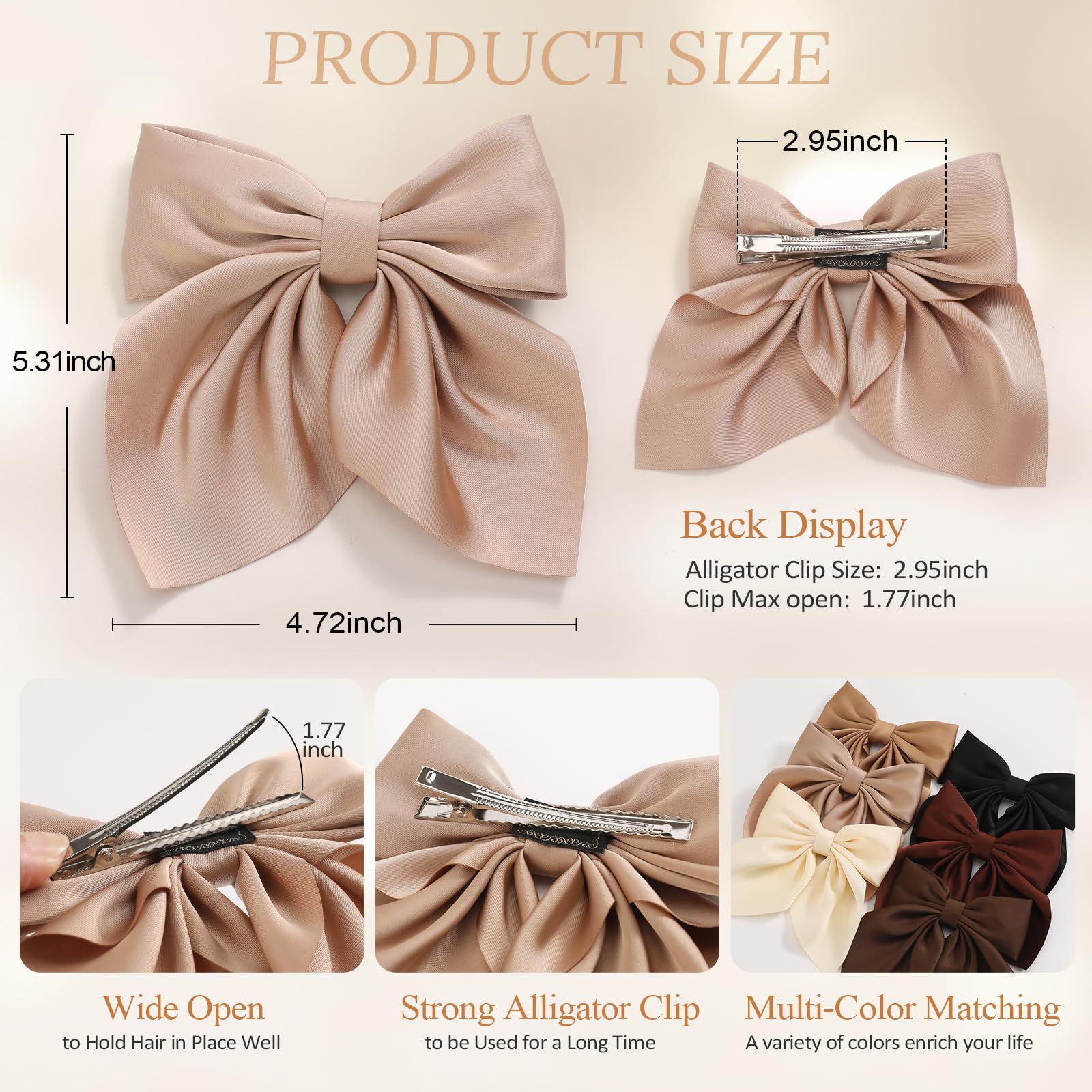 6Pcs Elegant Satin Hair Bows for Women & Girls - Neutral Color Bow Hair Clips, Soft Silky Hair Ribbons - Perfect Hair Accessories Gift for Birthday, Wedding, Party & Everyday Style