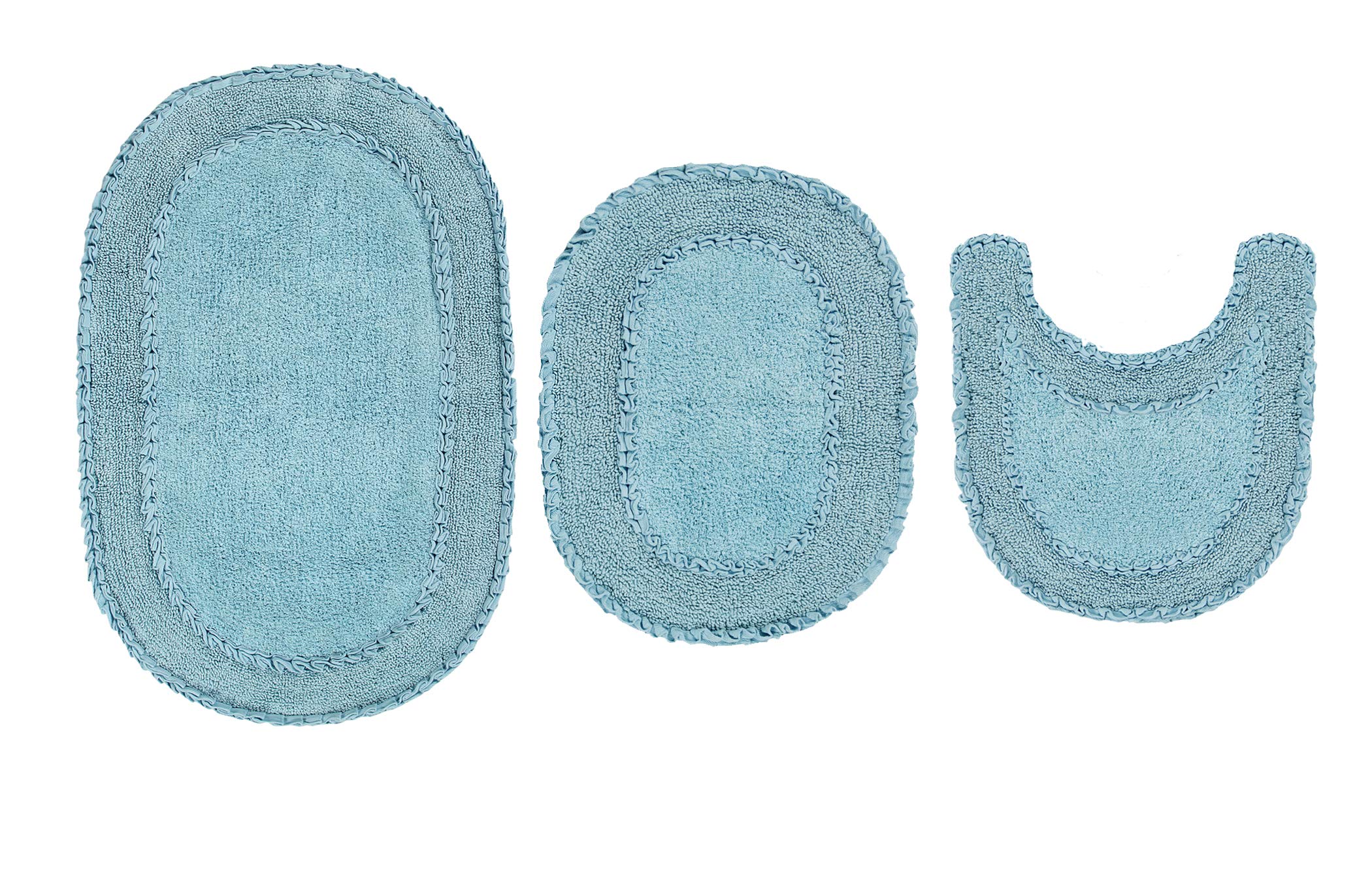 Home Weavers Double Ruffle Collection 100% Cotton Bathroom Rugs Set - Ultra Soft, Absorbent & Washable Non-Slip Bath Mats for Bathroom & Kitchen Floor - 3 Piece Contoured Set in Blue - Perfect for Spa-Like Bathrooms, Cozy Home Decor & Wet Area Safety