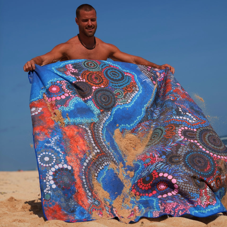 XL Bunjil Over Wurundjeri Sand-Free Beach Towel - Extra Large Quick Dry Towel for Pool, Beach, Travel & Yoga - Lightweight & Absorbent