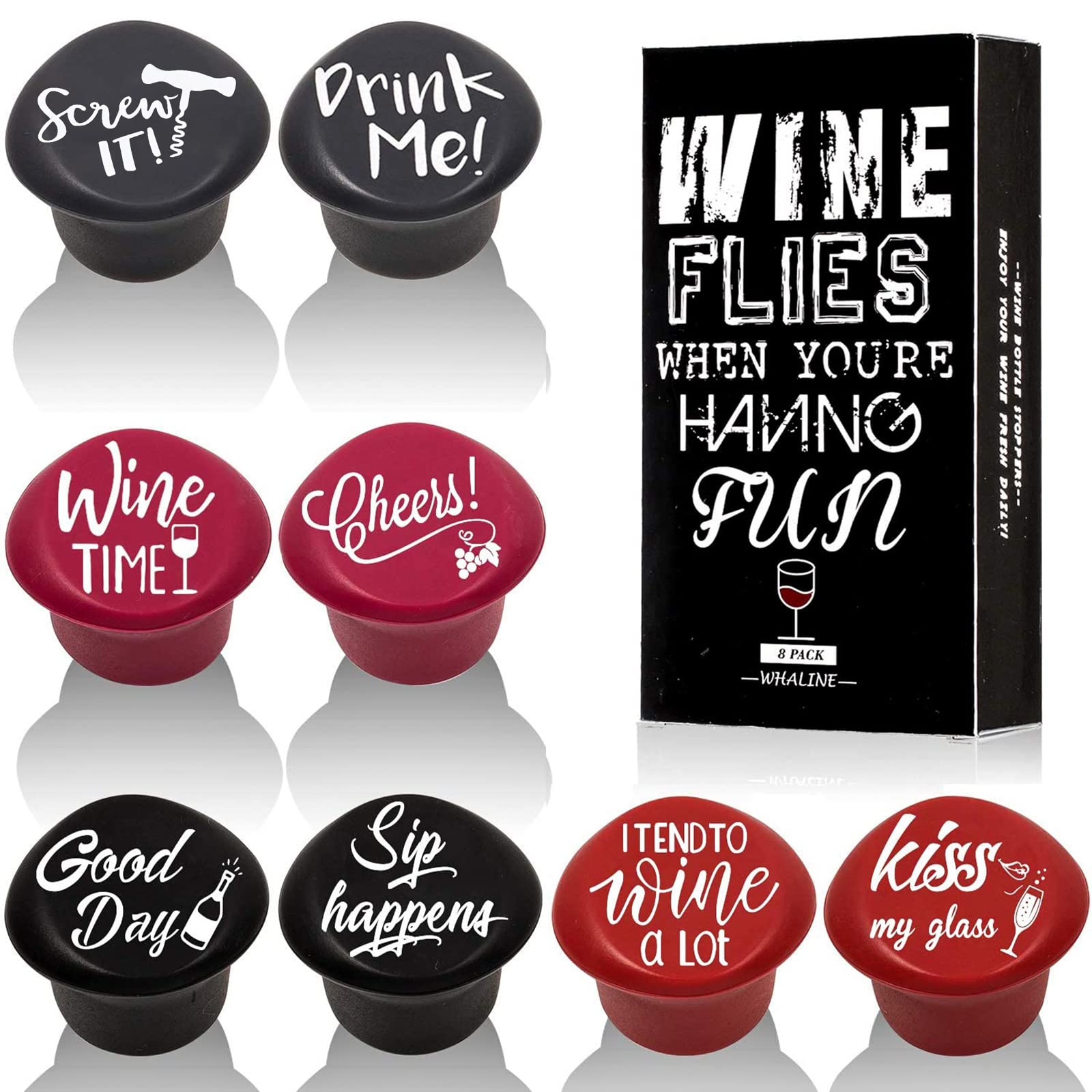 Waline 8 Pack Reusable Silicone Wine Stoppers with Funny Sayings - Perfect Wine Accessories & Gifts for Beer Bottles, Parties & Home Entertaining