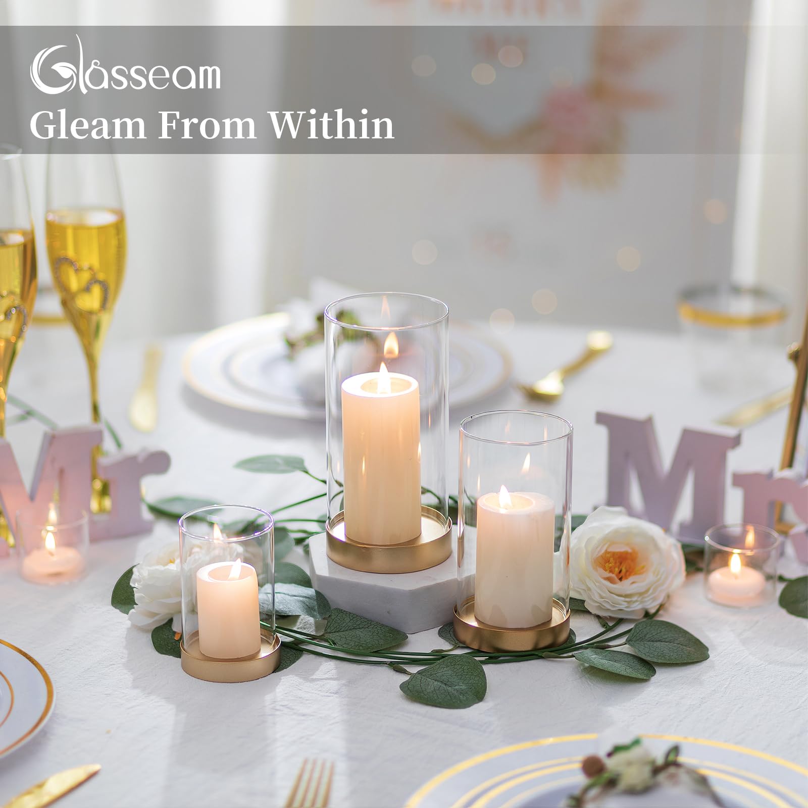 Glasseam Hurricane Glass Candle Holders Set of 6 - Gold Metal Pillar Candle Holders with Clear Glass Chimney for Wedding, Outdoor, Home Decor - Elegant Table Centerpiece for Dining Room, Patio, and Special Events