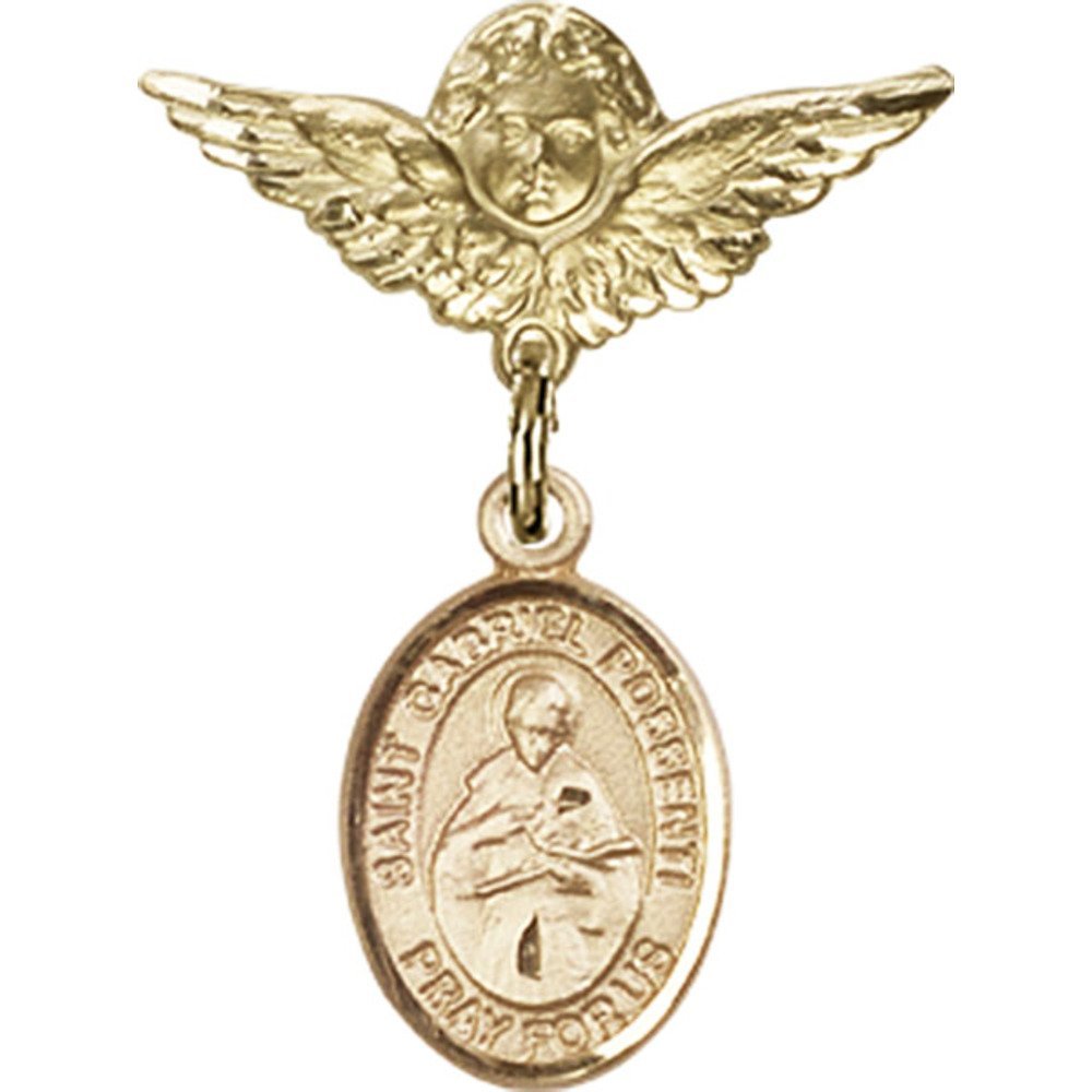 Gold Filled Baby Badge with St. Gabriel Possenti Charm & Angel Wing Pin - 1 x 3/4 Inch - Religious Jewelry for Baptism, First Communion & Christening Gifts