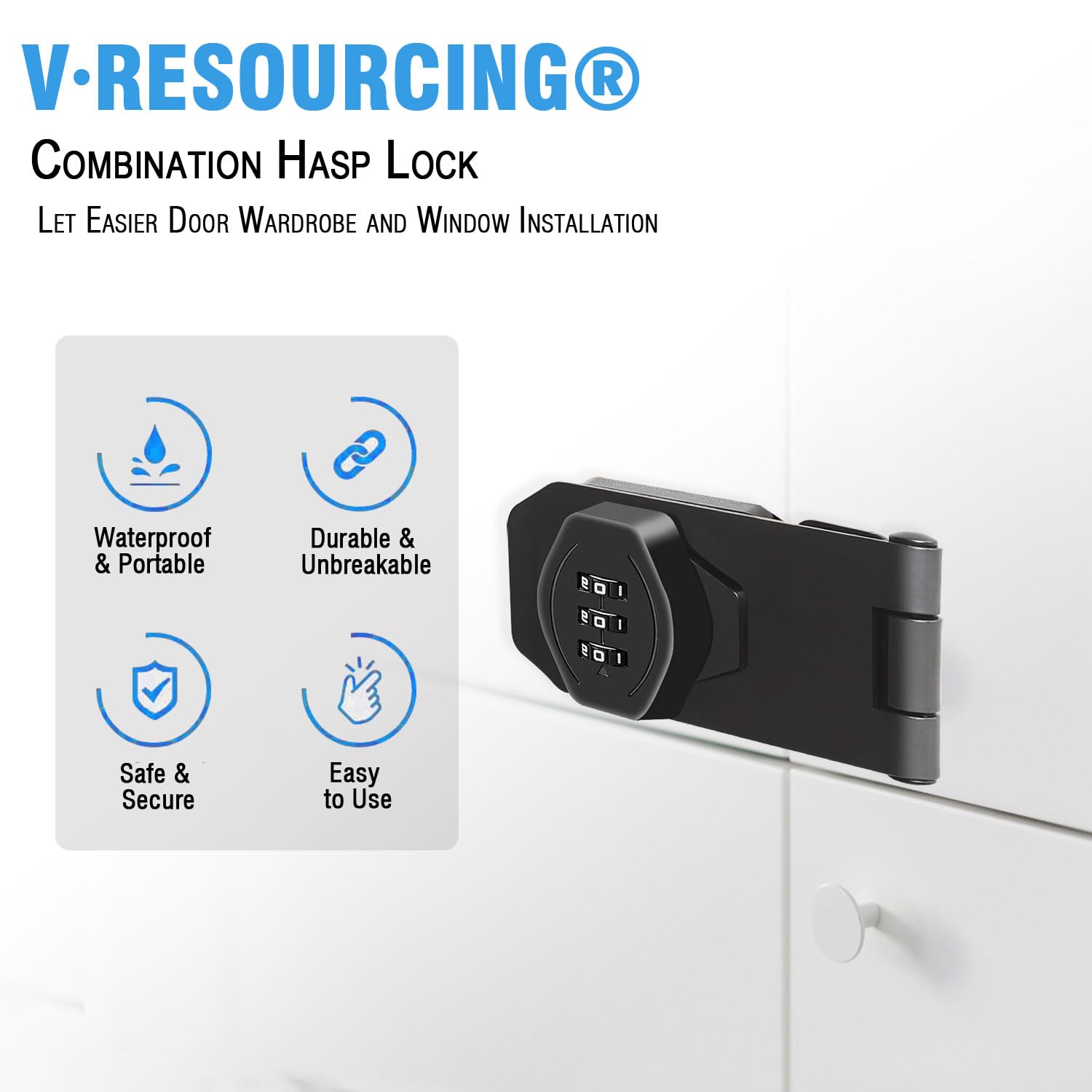 V·RESOURCING 3-Digit Keyless Cabinet Combination Lock - Secure Twist Knob Hasp Latch for Small Doors, Cabinets, Barn Doors, Bathrooms & Outdoor Use (3 Inch, Black) | Ideal for Home, Office, Storage & Shed Security