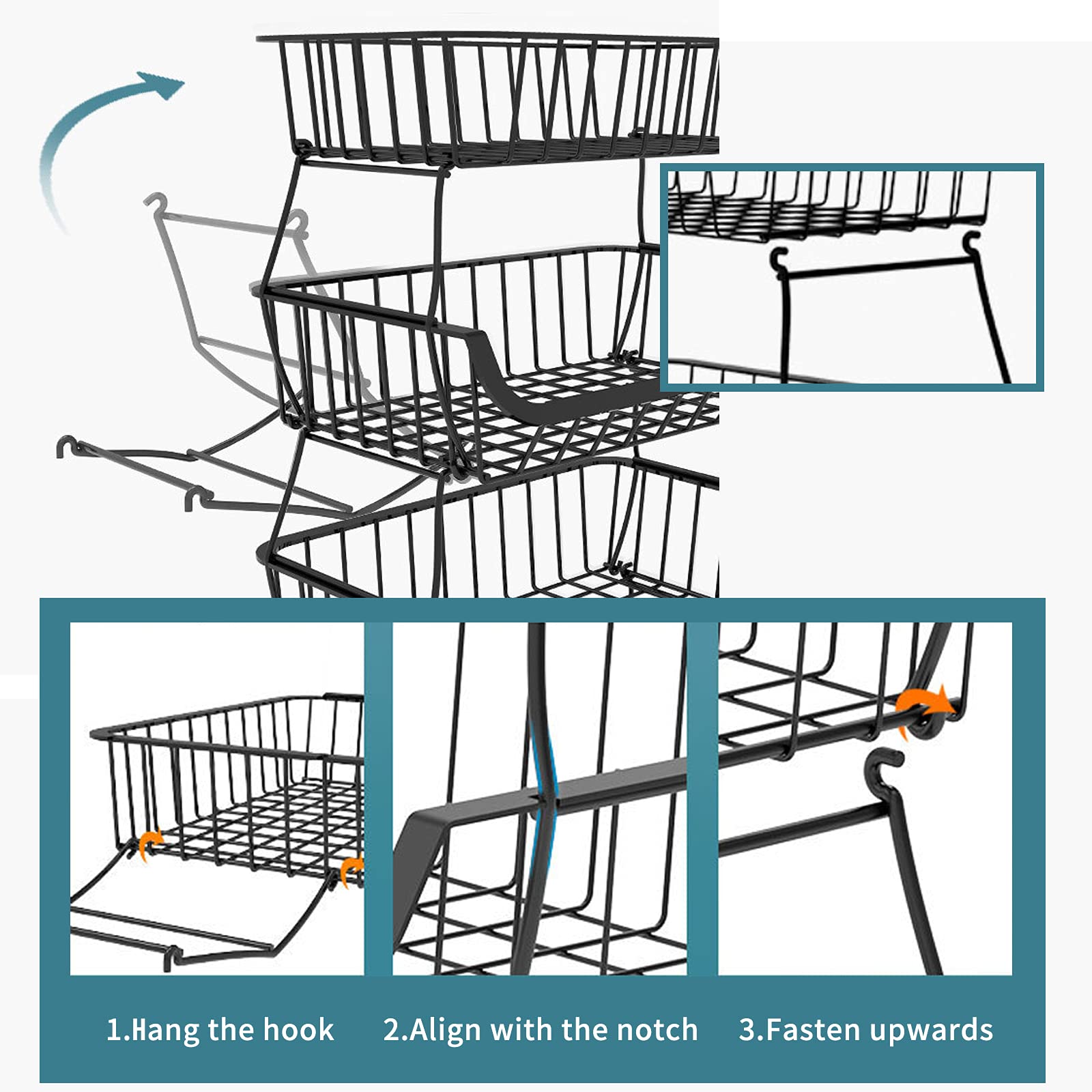 Metal Wire Baskets with Wheels - Stackable Storage Bins & Kitchen Organizer Shelf (3-6 Tier) for Fruits, Vegetables, Dishes | Garage, Pantry, Bathroom Storage Solution | Perfect for Seasonal Produce Organization & Home Decluttering