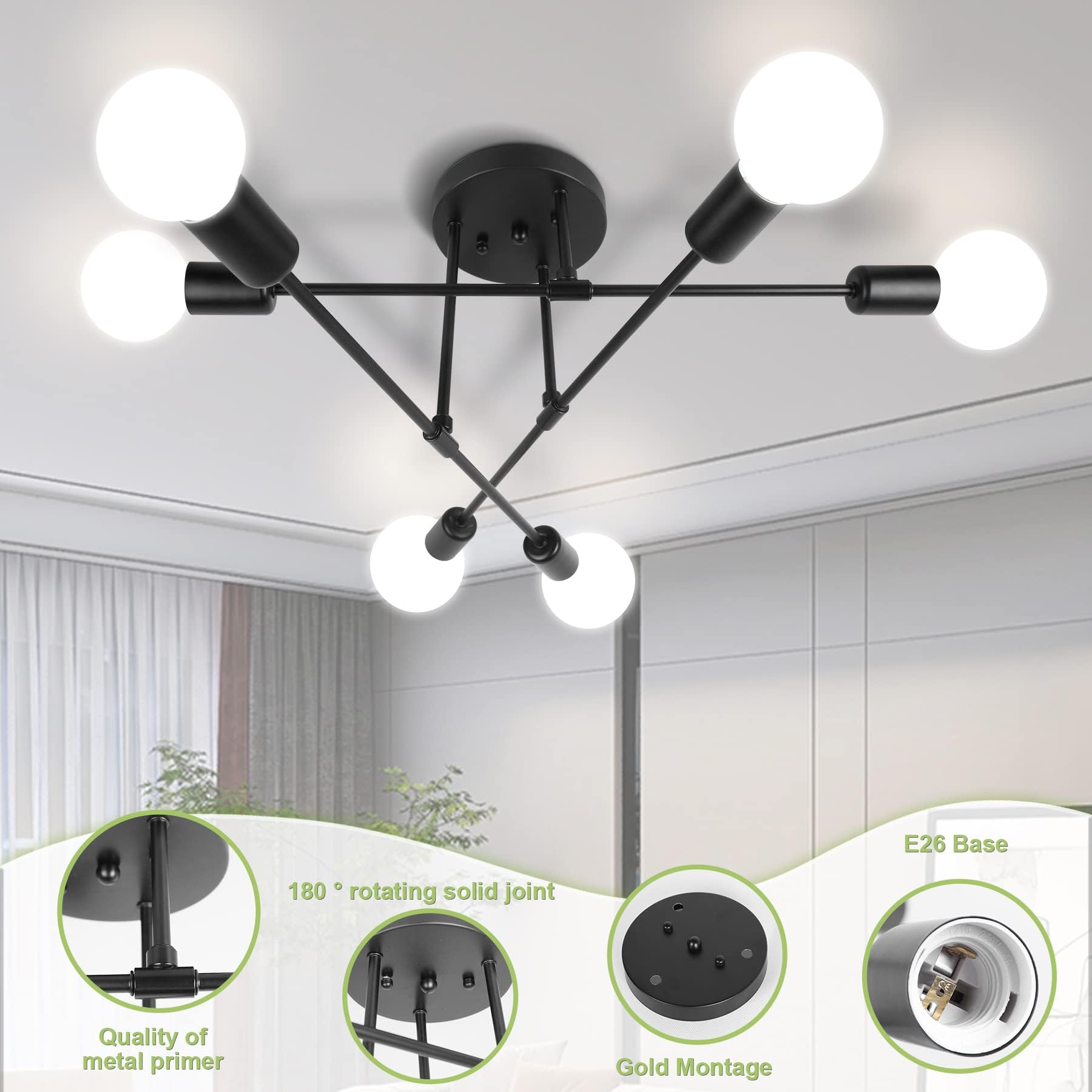 Modern Sputnik Chandelier Ceiling Light Fixture - 6-Light Black Mid Century Design with E26 Base (Bulbs Not Included) - Perfect for Bedroom, Dining Room, Living Room & Kitchen Lighting Decor