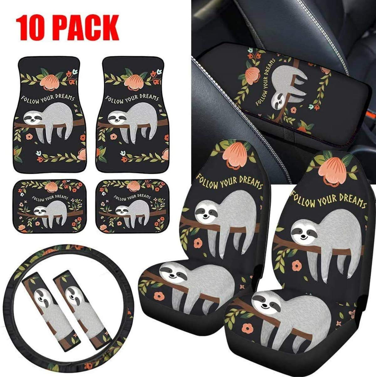 Sloth Print Car Seat Covers & Non-Slip Floor Mats Set - 10-Piece Vehicle Accessories for Trucks & SUVs | Perfect Gift for Women | Follow Your Dreams | Ideal for Road Trips, Daily Commutes & Car Decor