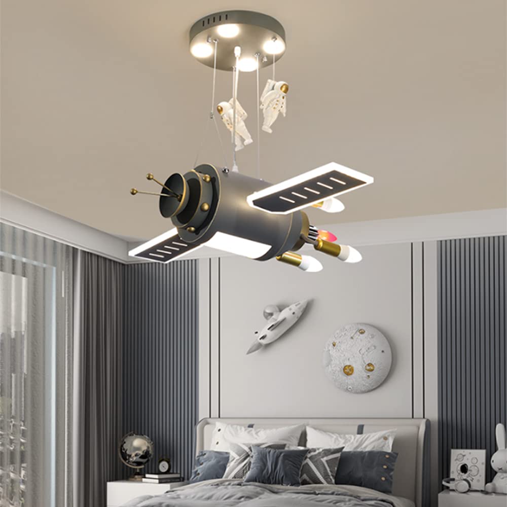 RUNNUP Astronaut LED Pendant Light - Space Capsule Chandelier for Kids Room, Resin Creative Hanging Light with 3 Color Options (Dark Grey) - Perfect for Children's Bedroom, Playroom, Nursery & Game Room Decor