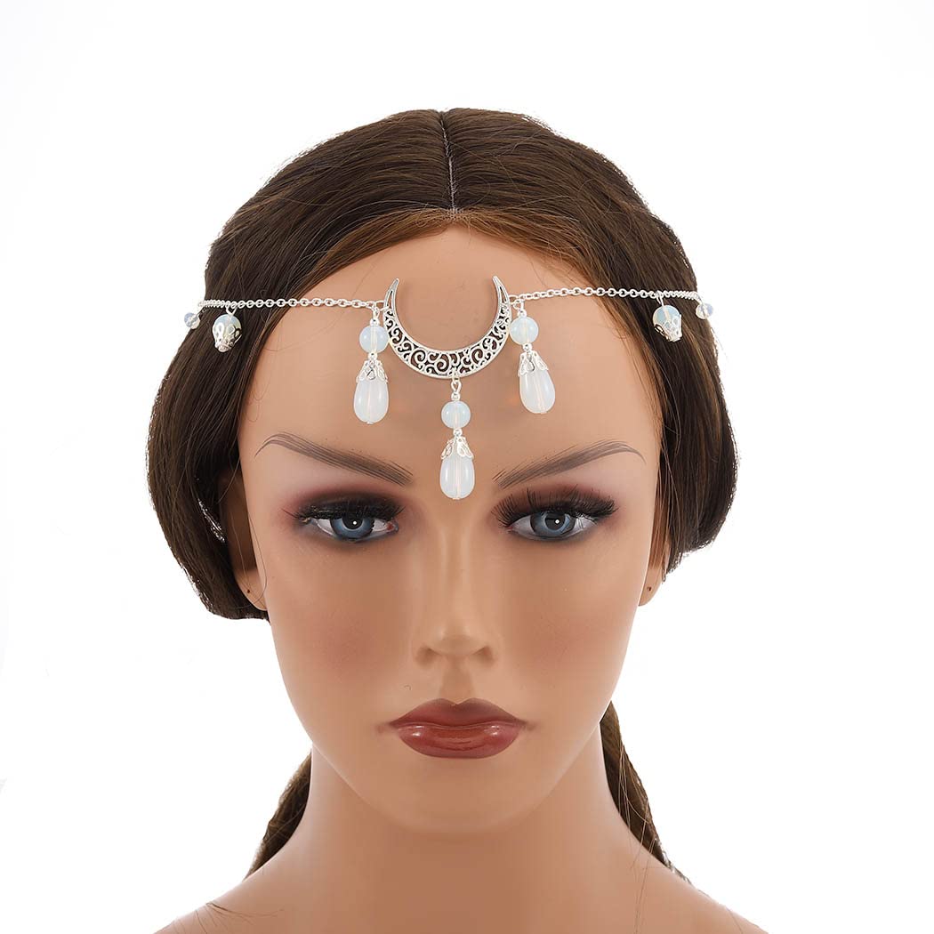 Boho Crystal Moon Head Chain - Silver Crescent Tassel Forehead Jewelry for Women & Teens | Festival Hair Accessories, Halloween Costume, Music Festival, Bridal Headpiece, Party Wear