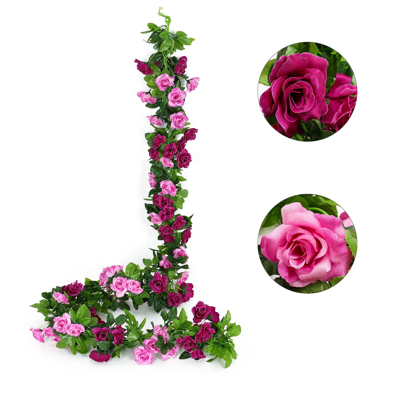 JUSTOYOU 2PCS Artificial Silk Rose Vine Garland - 7.9FT Fuchsia Fake Flowers for Wedding Arch, Home & Office Decoration | Perfect for Party Backdrops, Garden Arrangements & DIY Crafts