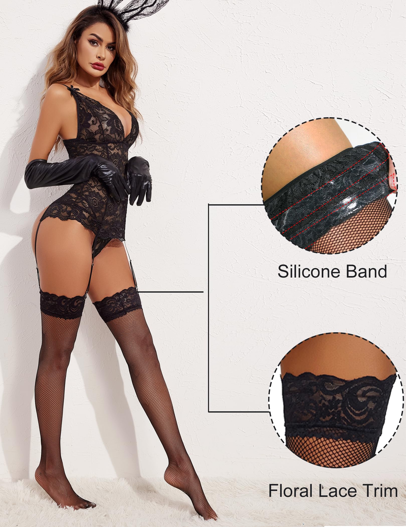 Avidlove Women's Sheer Thigh High Stockings with Lace Trim - Sexy Fishnet Tights for Exotic Fashion & Night Out - Perfect for Cosplay, Date Night and Lingerie Outfits