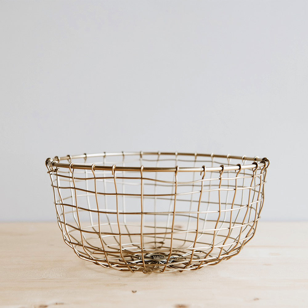 Short Round Brass Wire Basket - Decorative Storage Organizer for Home, Office & Kitchen | Perfect for Fruits, Keys & Small Items