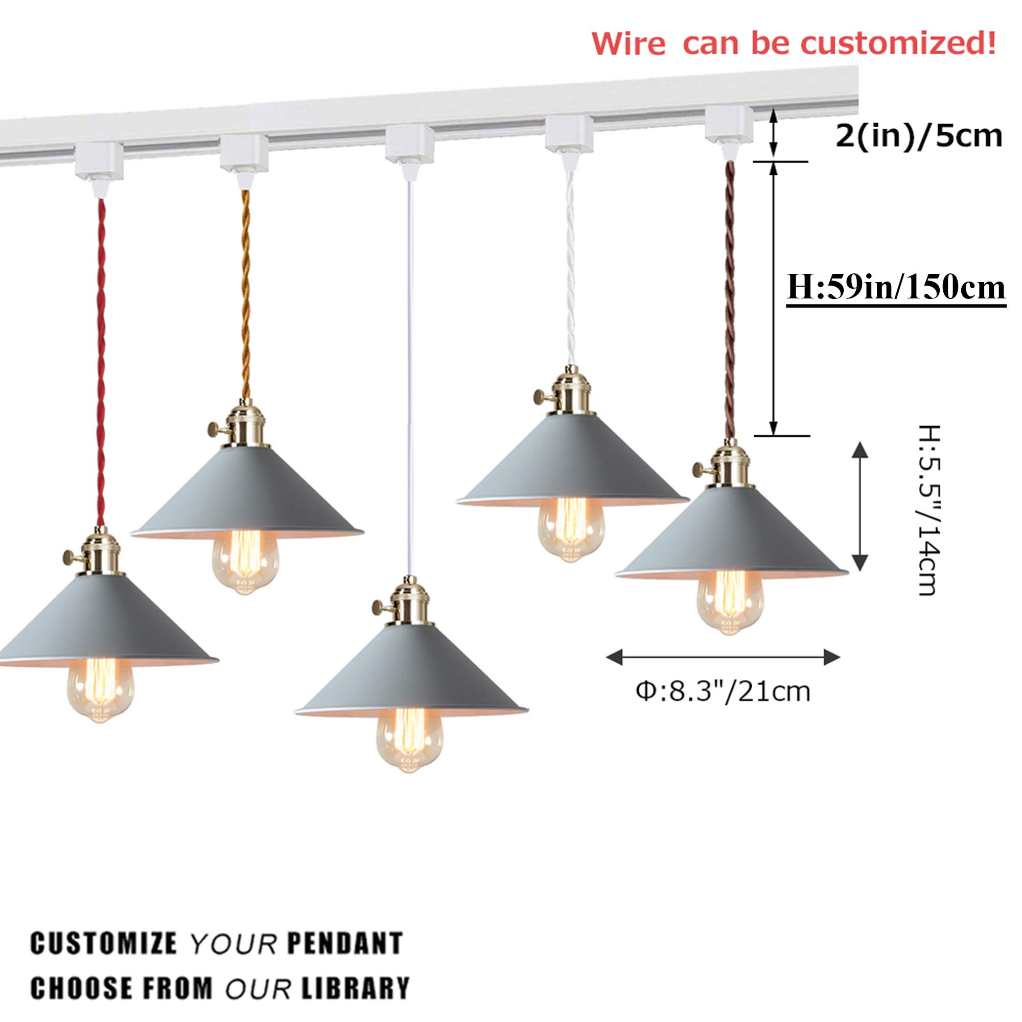 3-Light Halo Track Macaron Pendant Lighting Set - Industrial Grey E26 Hanging Lamp with Dimmable Twist Switch & 5ft Braided Brown Cord - Perfect for Kitchen Island, Dining Room, and Cafe Decor