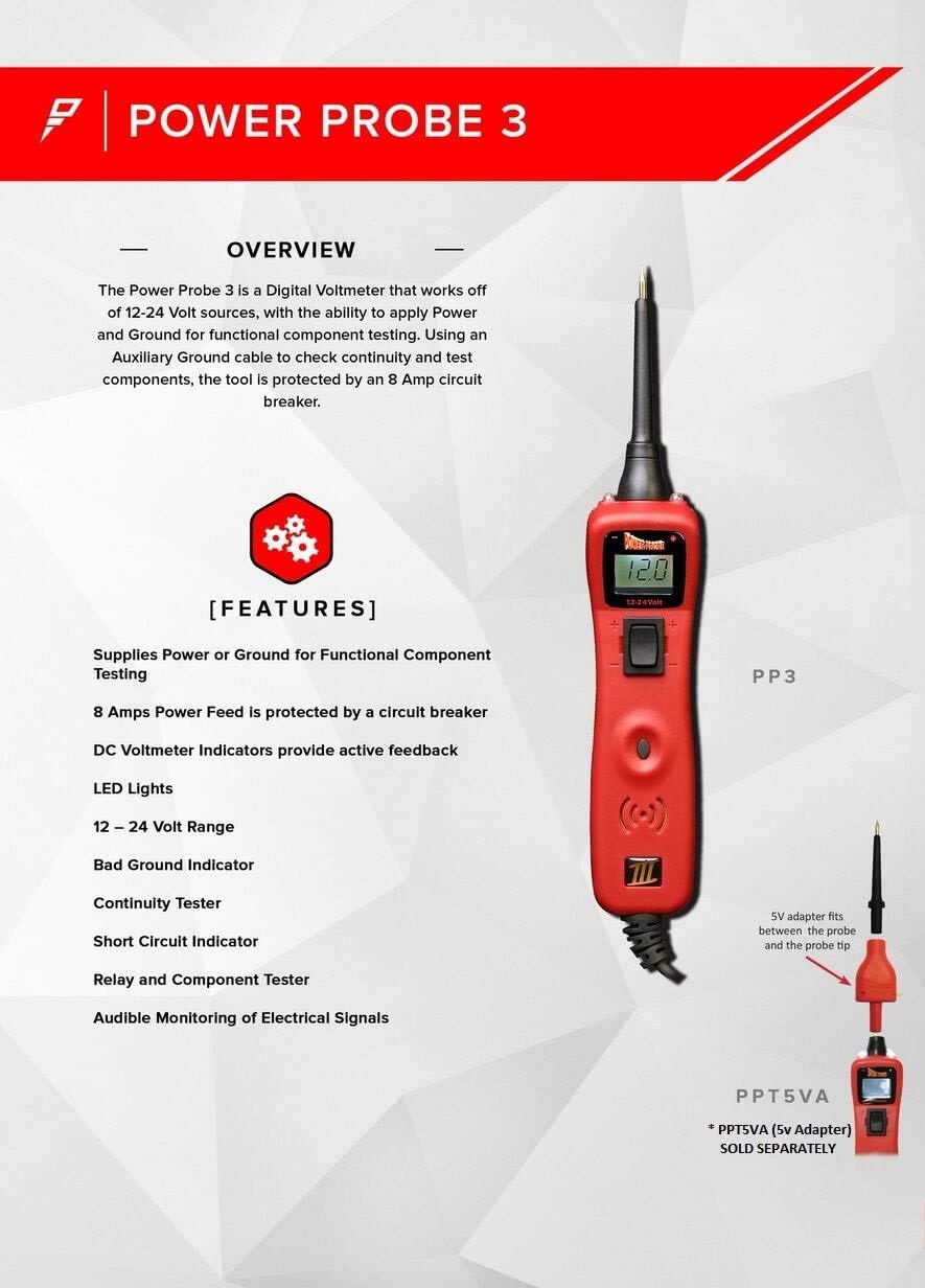 Power Probe III PP3CS - Automotive Diagnostic Test Tool with Digital Volt Meter, AC/DC Current & Resistance Circuit Tester - Includes Keychain Light (Red) - Perfect for Car Repairs, Electrical Troubleshooting & DIY Mechanics