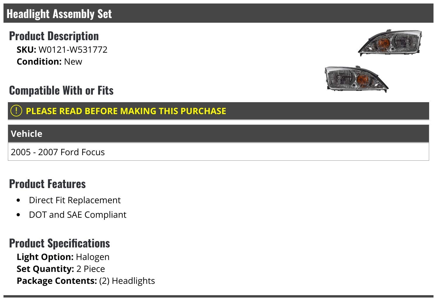 **2-Pack Halogen Headlight Assembly for 2005-2007 Ford Focus - Direct Fit Replacement, High Visibility for Night Driving & Foggy Conditions**