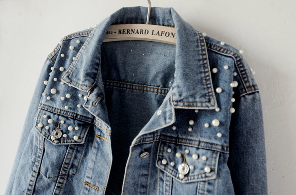LifeShe Women's Embroidered Pearl Denim Jacket - Stylish Distressed Denim Coat with Pearl Accents for Casual Outfits & Spring Fashion