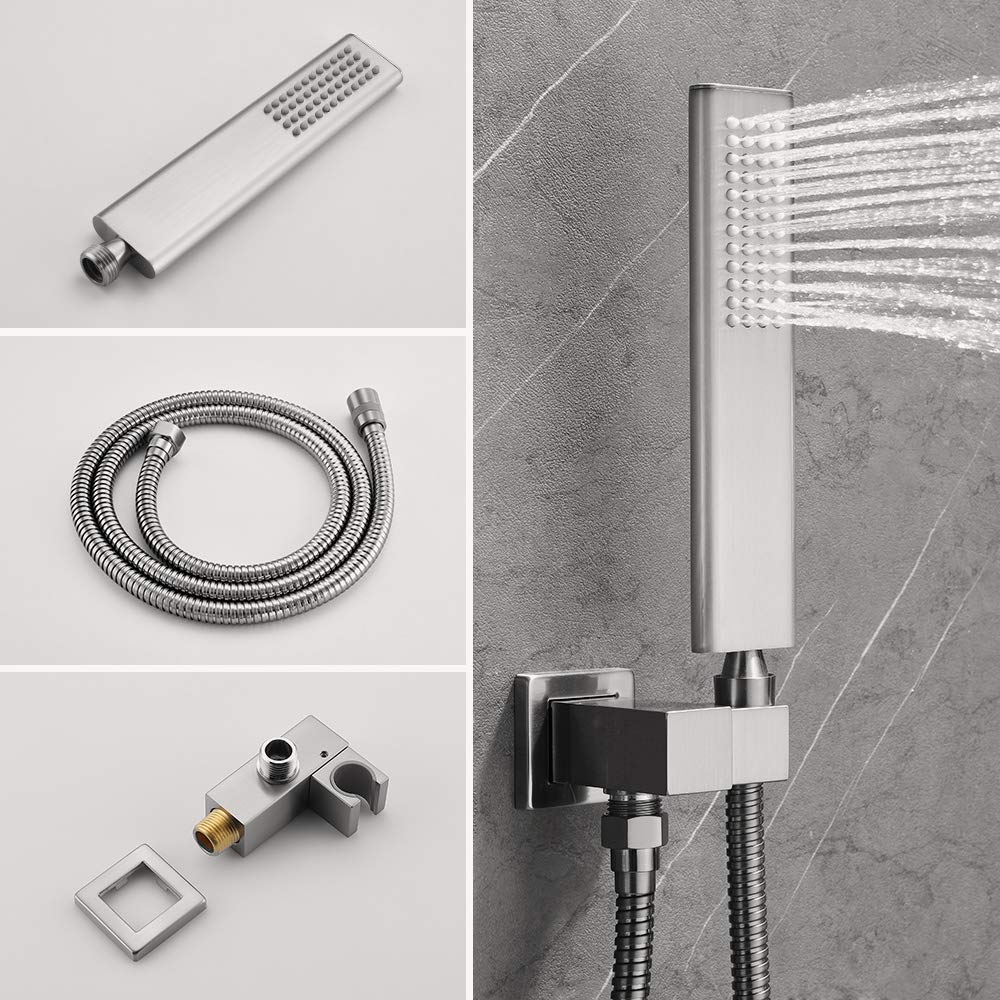 IRIBER 3-Function Square Shower System - 12 Inch Rain Shower Head & Handheld with Waterfall Tub Spout, Brushed Nickel Finish | Perfect for Modern Bathroom Renovations & Spa-Like Shower Experience