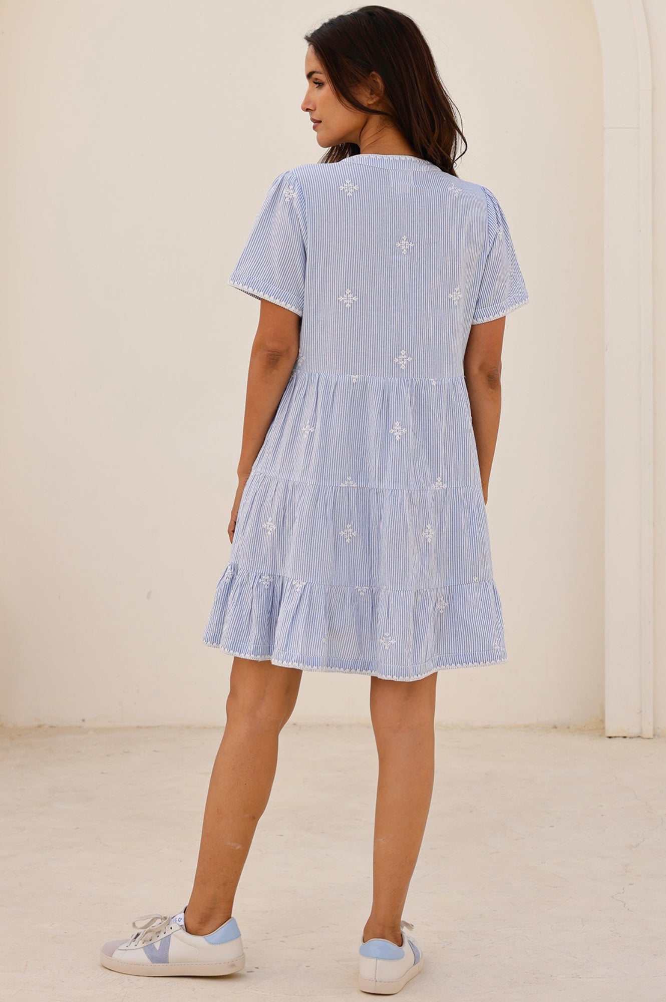 India Embroidered Organic Cotton Dress | Stripe Blue/White | Boho Chic Summer Dress for Women | Perfect for Beach Vacations & Casual Outings