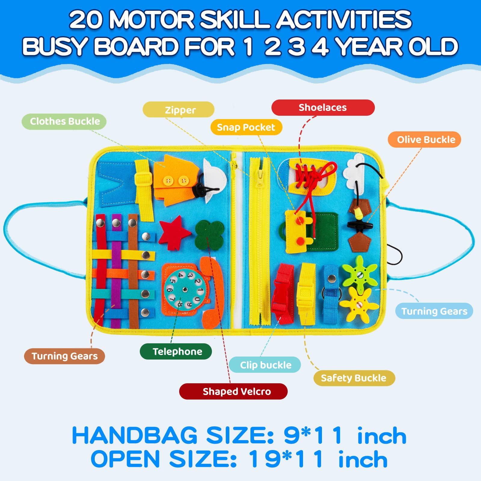 Busy Board for Toddlers 1-4 Years Old - Montessori Sensory Activity Board with Fine Motor Skills Toys | Educational Travel Toy for Boys & Girls (Blue) | Perfect for Airplane, Car Rides & Home Learning