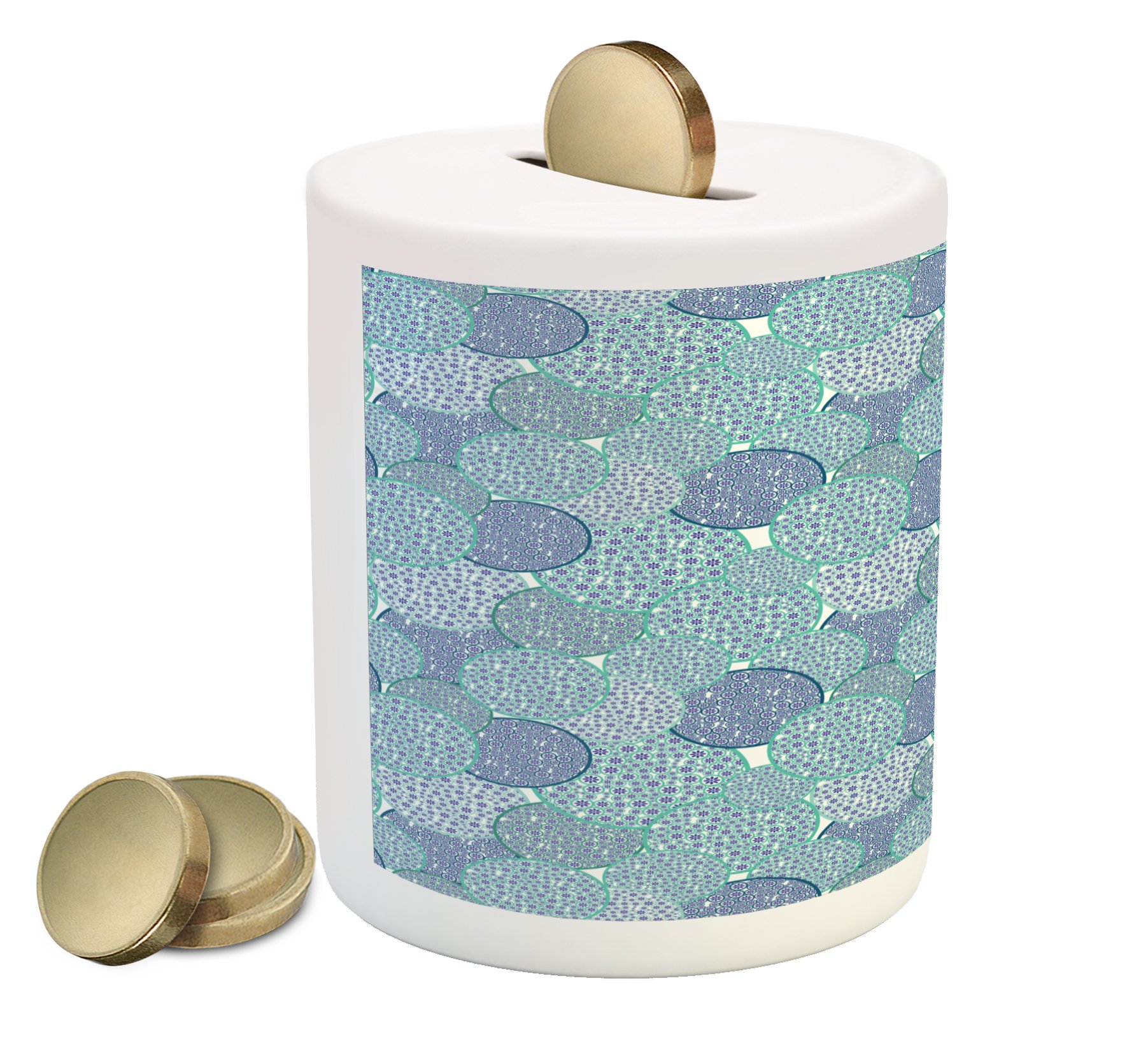 Ambesonne Floral Ceramic Piggy Bank - Pastel Circles & Blue Flowers Abstract Design, Money Saving Coin Bank for Cash & Coins - Perfect for Kids' Savings, Home Decor & Gift Ideas (Turquoise Navy Blue)