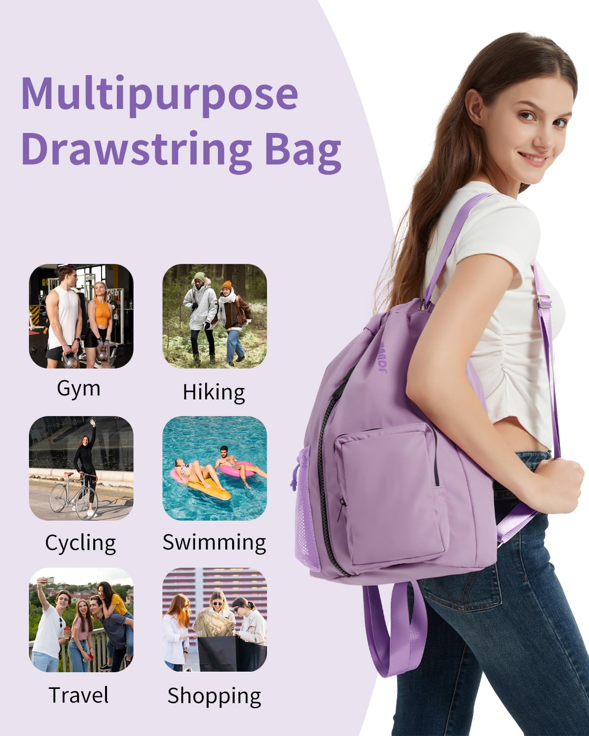 Waterproof Drawstring Backpack with Shoe Compartment - Gym & Beach Bag for Women & Men (Lilac) - Perfect for Sports & Swimming