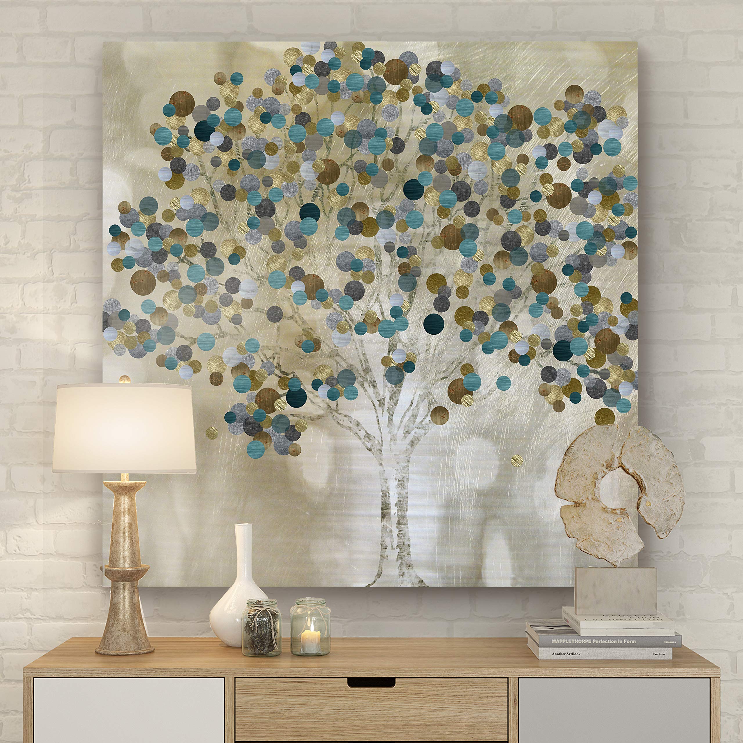 Floral Wall Art Canvas - Classic Geometric Abstract Transitional & Country Chic Home Decor - Ready to Hang Teal Tree Painting 40x40 Inches - Perfect for Living Room, Bedroom & Office Wall Decoration