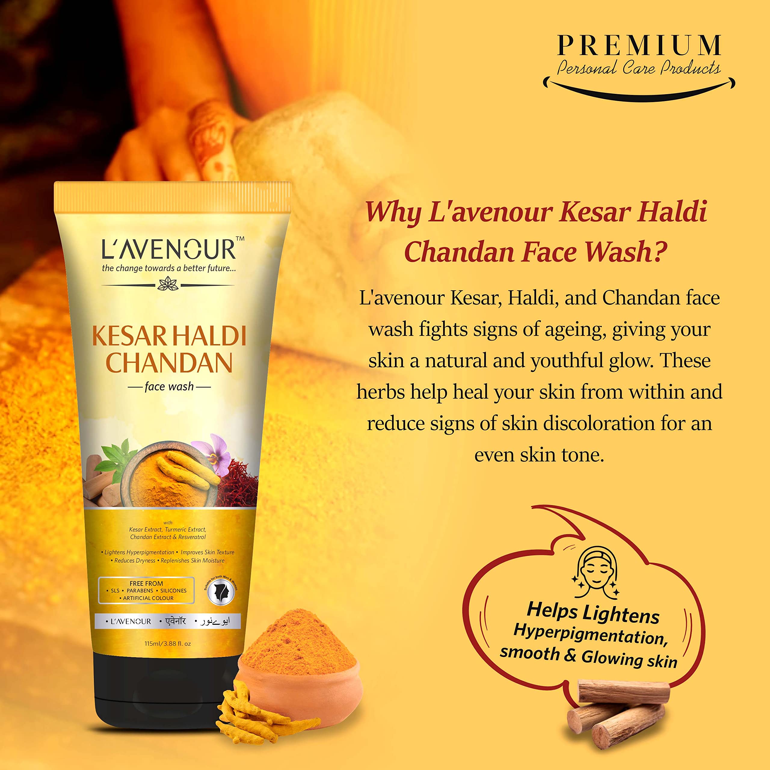 L'avenour Kesar Haldi Chandan Natural Ubtan Face Wash for Men & Women - Brightens Skin, Reduces Hyperpigmentation & Dryness | 115ml (3 Pack) | Perfect for Daily Skincare Routine & Glowing Complexion