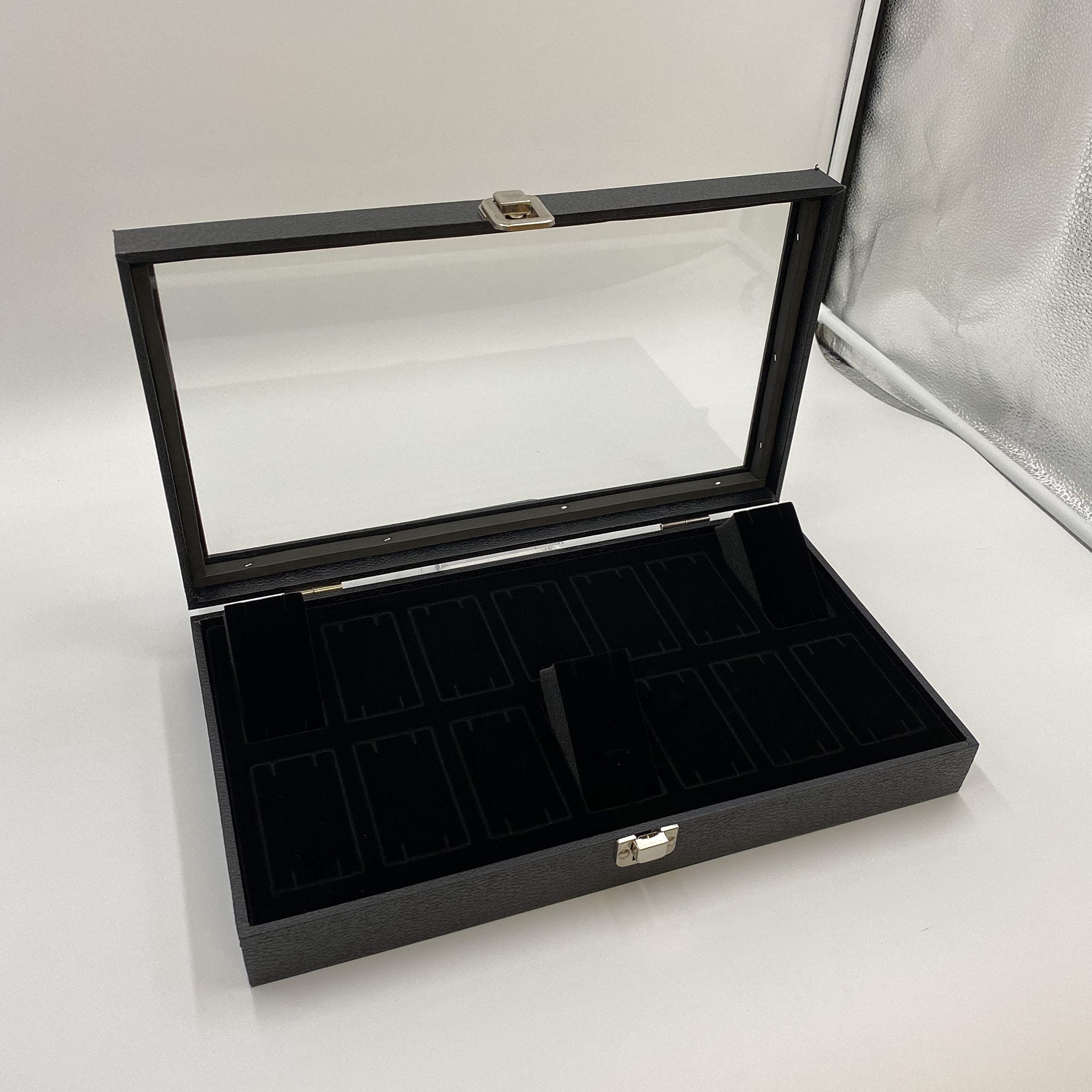 14 Slot Watch & Bangle Black Display Case with Glass Top & Removable Foam Collars - Jewelry Organizer for Retail Stores, Travel Storage & Watch Collection Display