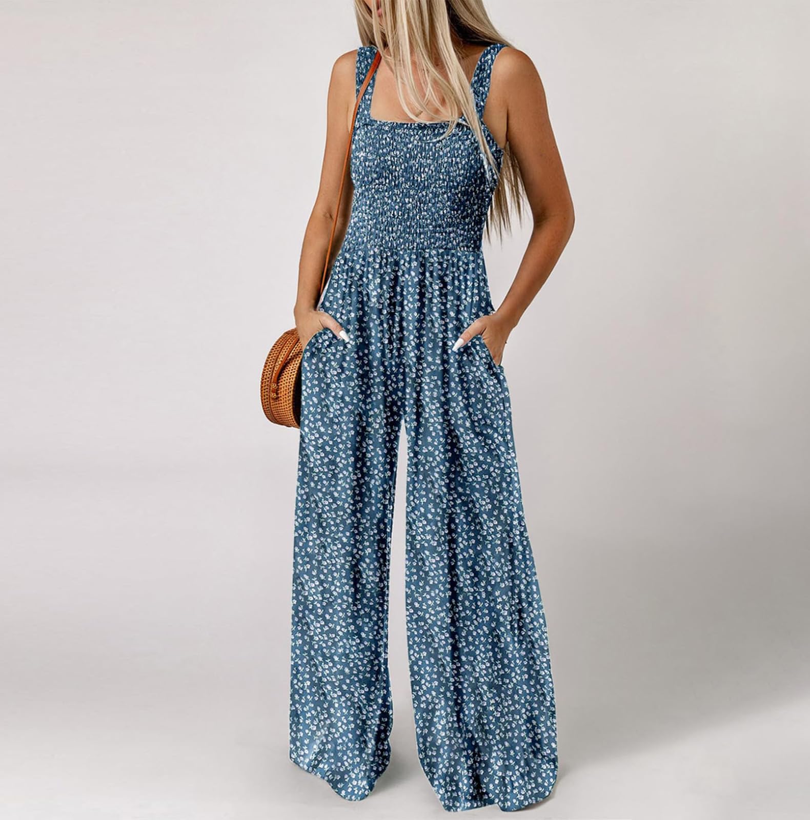 Women's Floral Boho Jumpsuit - Sleeveless Pleated Wide Leg Overalls with Pockets | Casual & Dressy Loose Fit Romper | Perfect for Summer Outings, Beach Vacations & Boho Fashion Styles