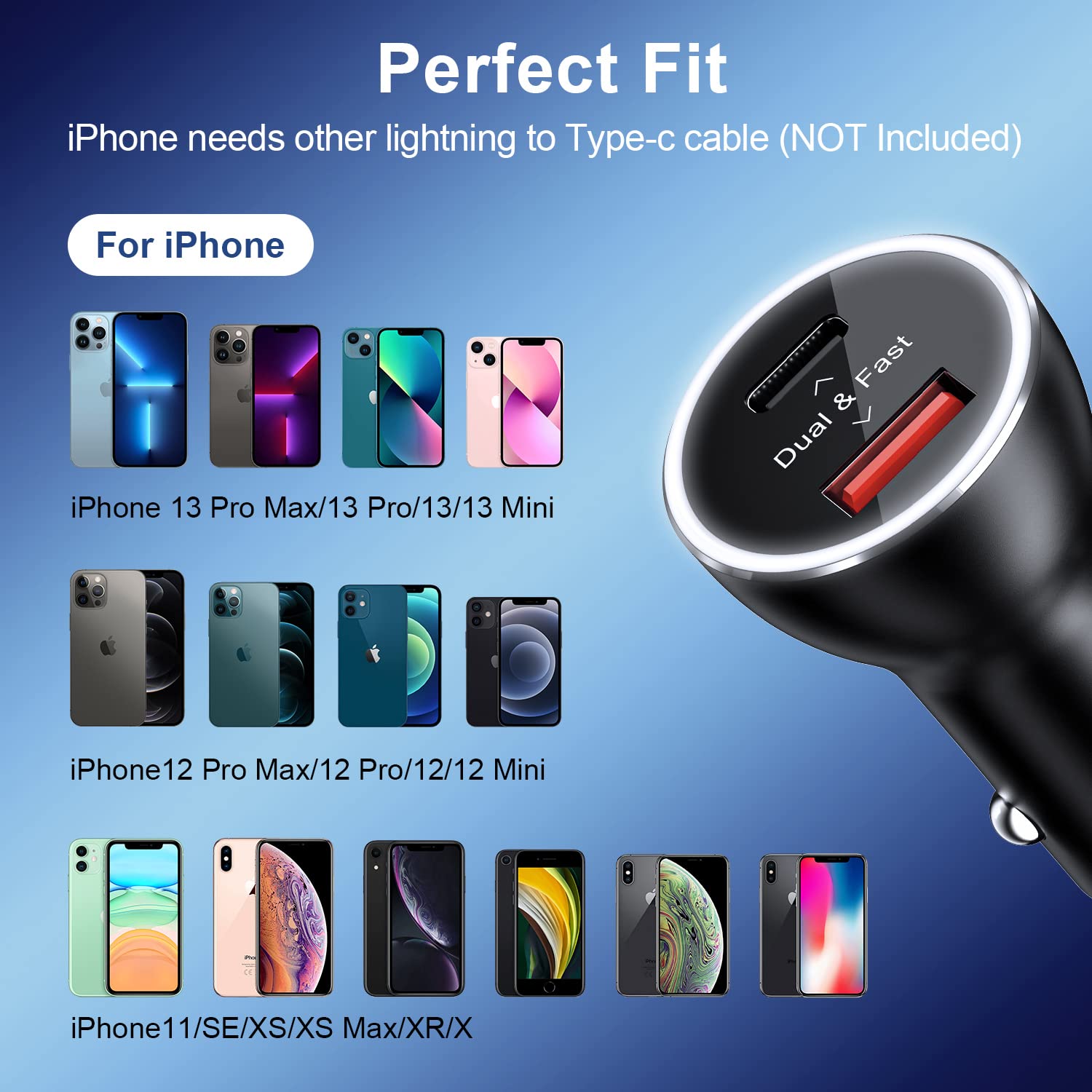 VOLPORT 39W USB C Car Charger with PD & QC 3.0 - Fast Charging for iPhone 14/13/12/11 Pro Max, Samsung & Google - Includes 3.3ft Type C Cable - Perfect for Road Trips & Long Drives