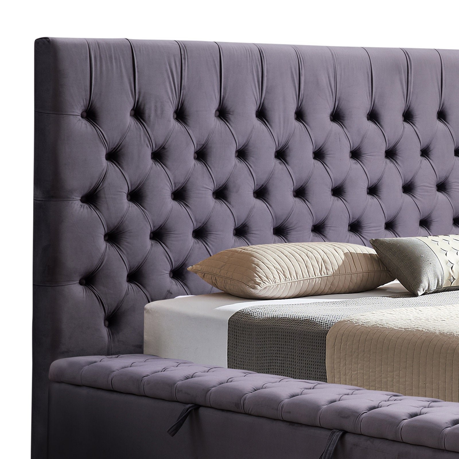 Luxury Anna Queen Size Bed Frame with Velvet Upholstery in Deep Grey - Elegant Bedroom Furniture for Master Suite or Guest Room