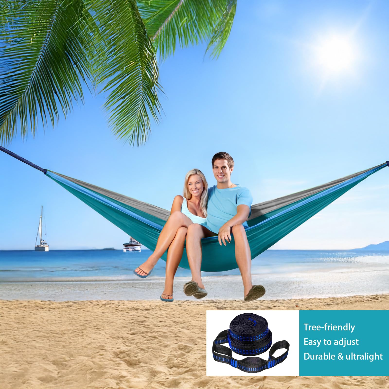 Double Camping Hammock for 2 Persons - Lightweight Portable 210T Nylon Parachute Hammock with 2 Tree Straps (16+2 Loops) - Perfect for Backpacking, Hiking, Beach, Travel & Outdoor Adventures - Lake Blue - Great for Couples Camping, Backyard Relaxation and Forest Getaways