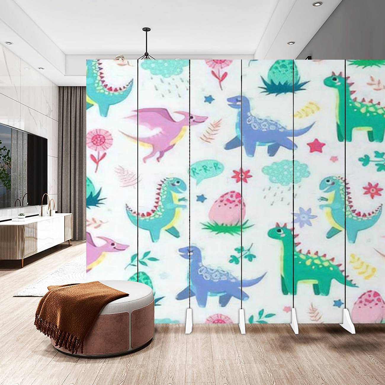 Dinosaurs Canvas Room Divider - 6 Panel Folding Privacy Screen with Cute Dino Print for Kids Bedroom, Nursery & Playroom | White Background Children's Room Separator | Home & Office Partition Wall Decor