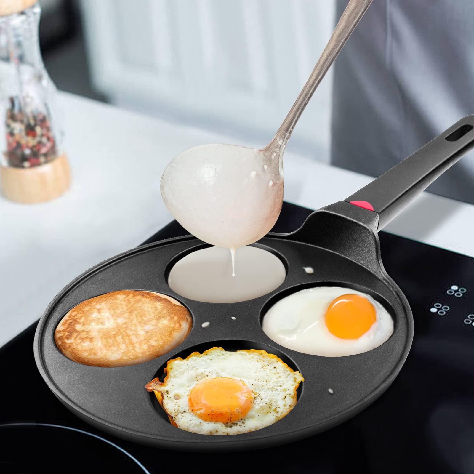 **10.5 Inch Nonstick Pancake Pan - Silver Dollar Grill Blini Griddle Crepe Pan for All Stovetops & Induction, 4 Molds Cake Egg Skillet, PFOA-Free Coating - Perfect for Breakfast, Brunch & Family Cooking**