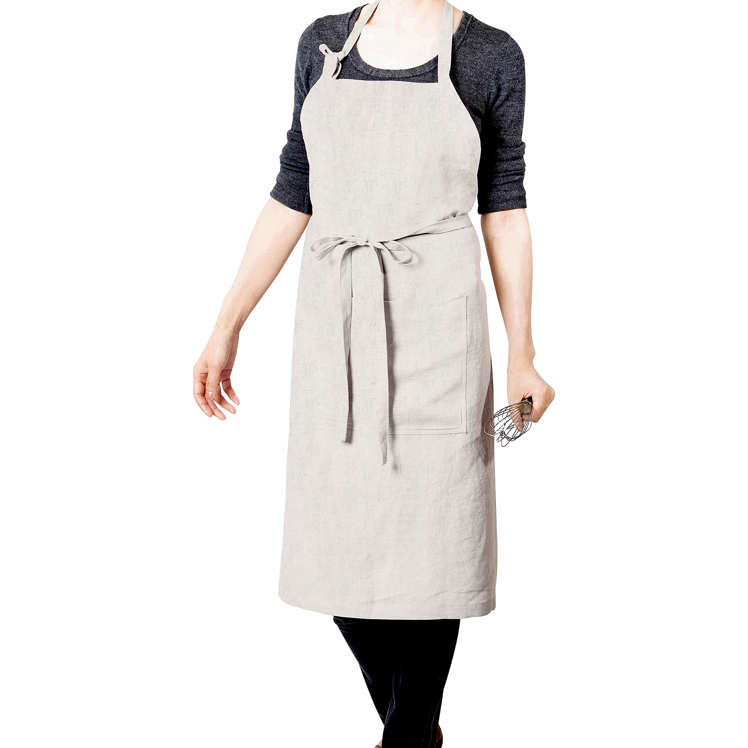 Stonewashed 100% French Linen Apron - Adjustable Waist with Pockets for Women & Men - Natural Linen Kitchen Apron - Perfect for Cooking, Baking, BBQ & Home Decor