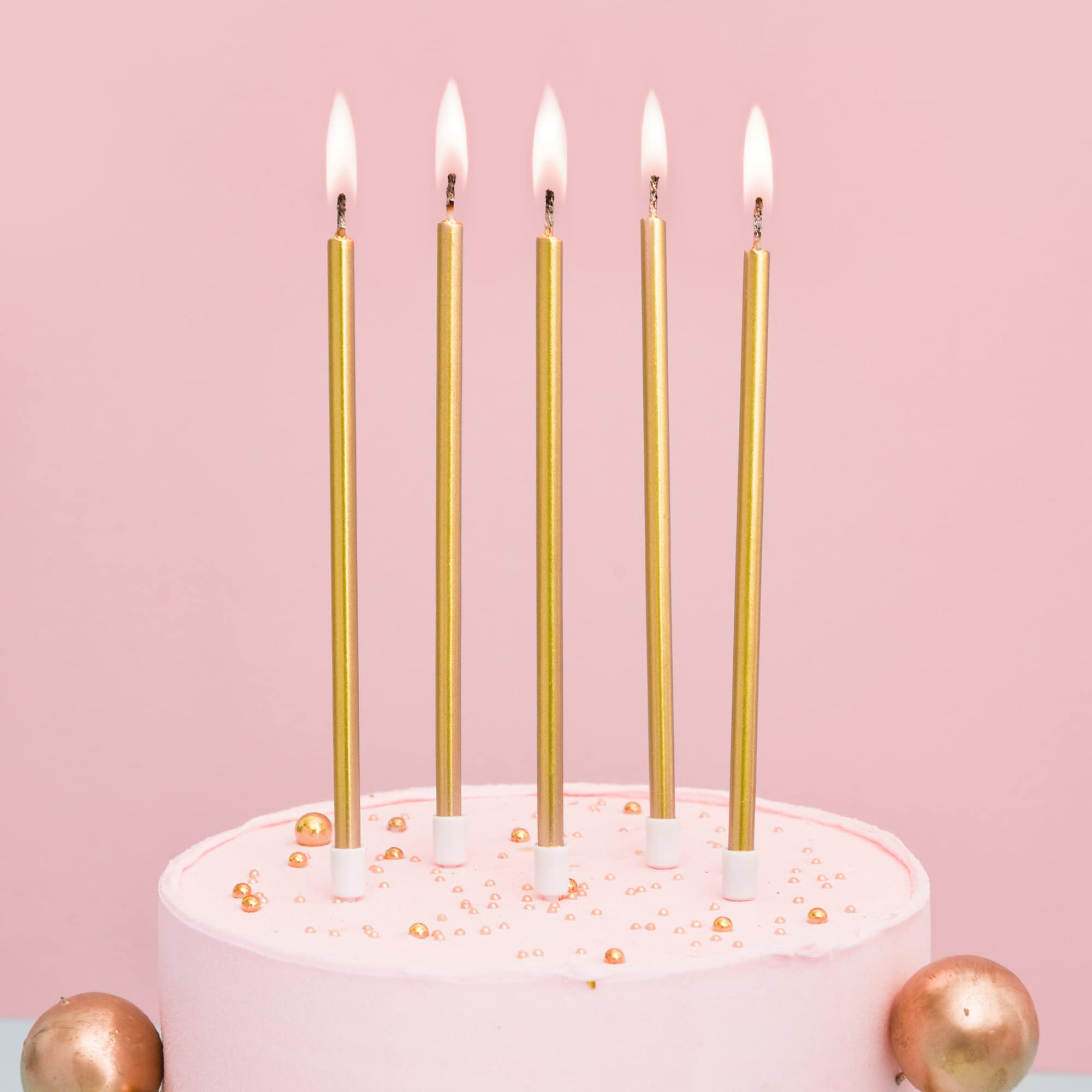 Bella Meri Gold Long Thin Metallic Birthday Candles - Elegant Cake Candles for Birthday Parties, Wedding Decorations & Special Events - Perfect for Cakes, Cupcakes & Dessert Tables