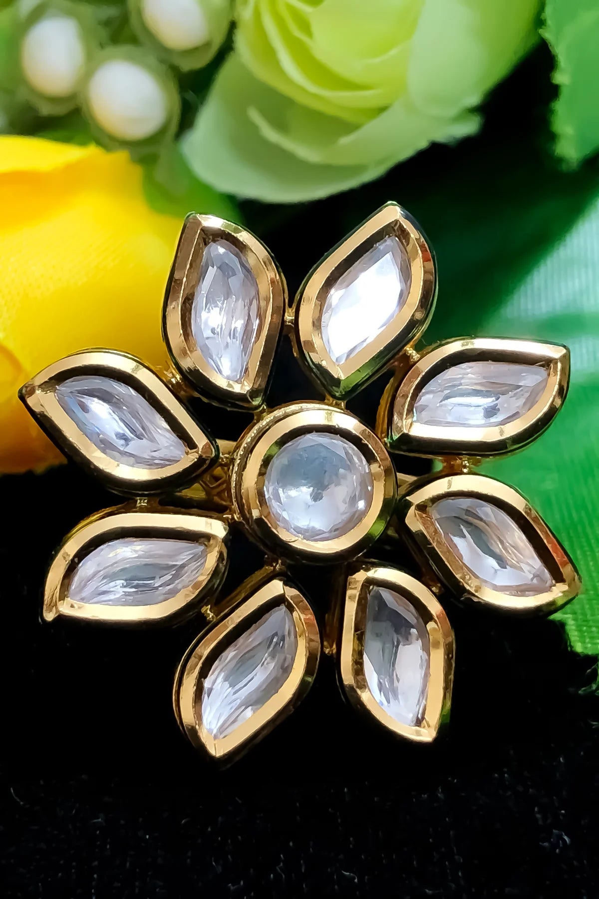 Designer Gold Plated Royal Kundan Beaded Ring (Design 195) - Elegant Indian Jewelry for Weddings, Parties & Special Occasions