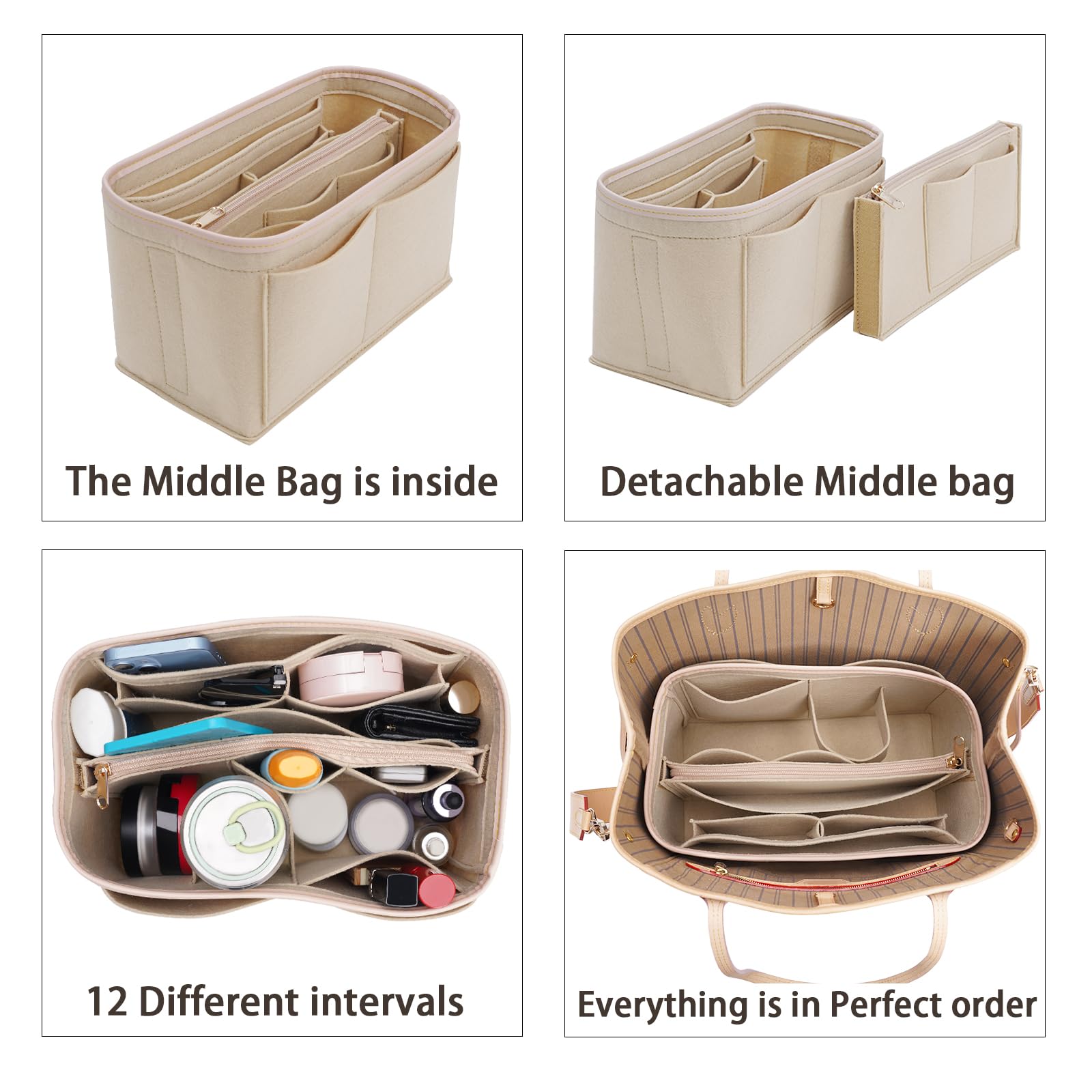 Premium Felt Purse Organizer Insert with Metal Zipper - 6 Sizes for Tote Bags, Compatible with Neverfull, Speedy & More | Perfect for Travel, Work & Daily Organization