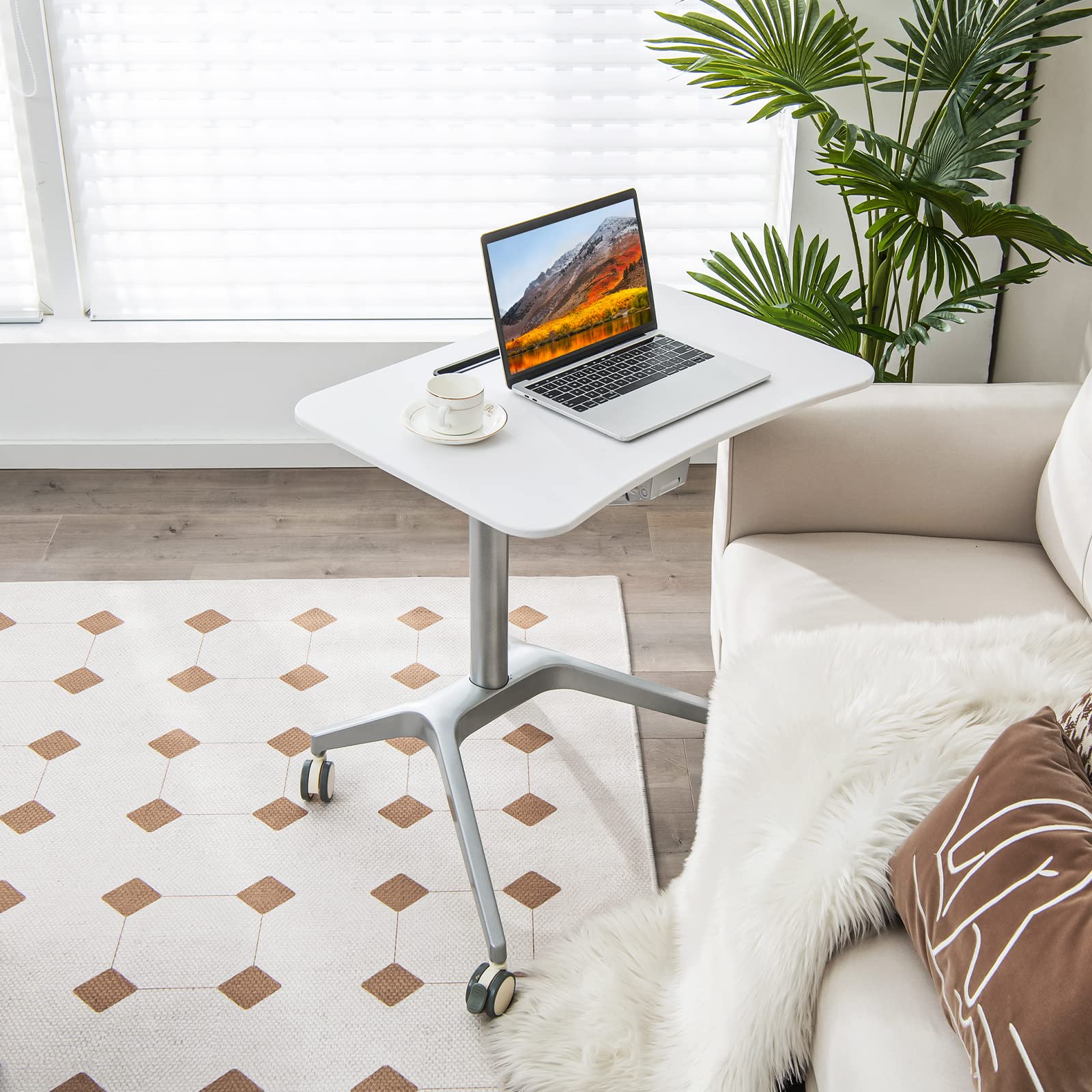 Tangkula Adjustable Mobile Standing Desk with Pneumatic Lift - Portable Sit Stand Laptop Table with Tablet Holder & 4 Wheels - Rolling Lectern Podium for Home Office, Classroom & Conference Room - Perfect for Remote Work, Online Teaching & Presentations