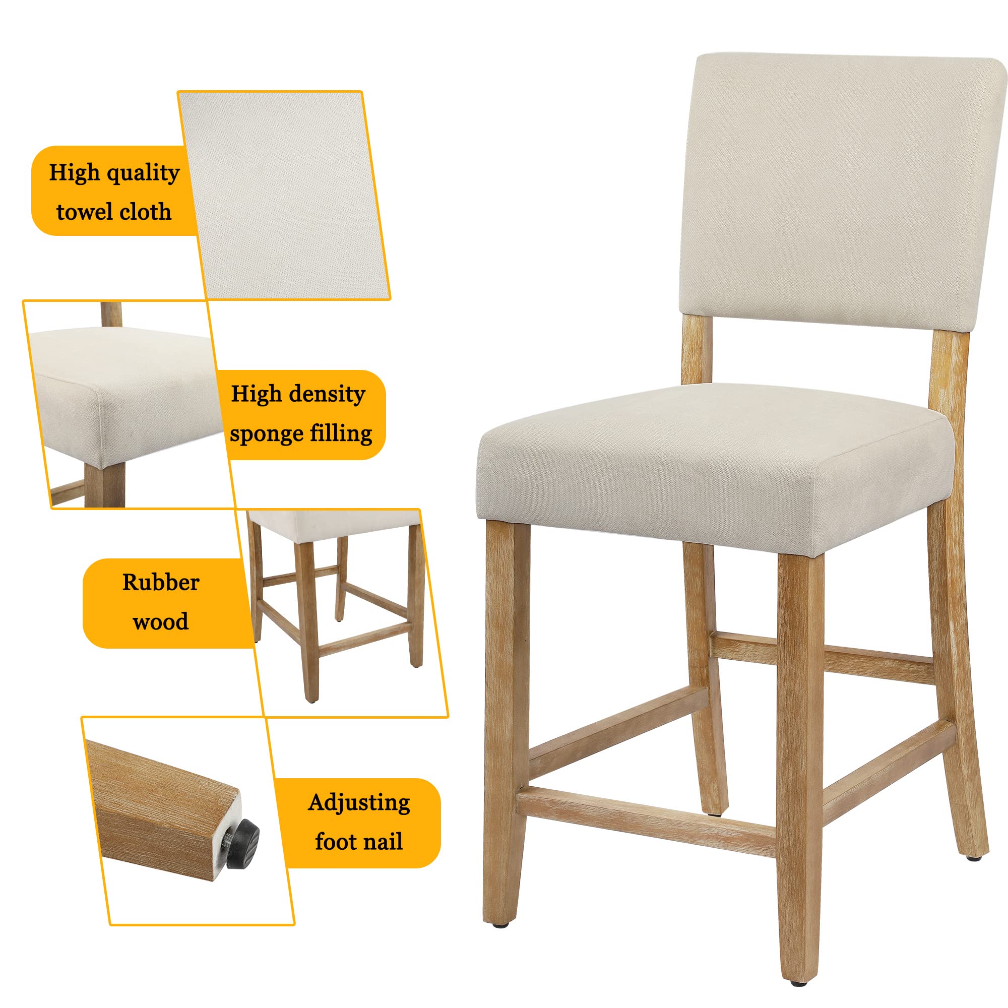 DAGONHIL 24 Inch Counter Height Bar Stools Set of 2 - Upholstered Kitchen Island Stools with Wooden Legs & Soft Towel Fabric (Beige) - Perfect for Breakfast Bars, Kitchen Islands & Home Bars