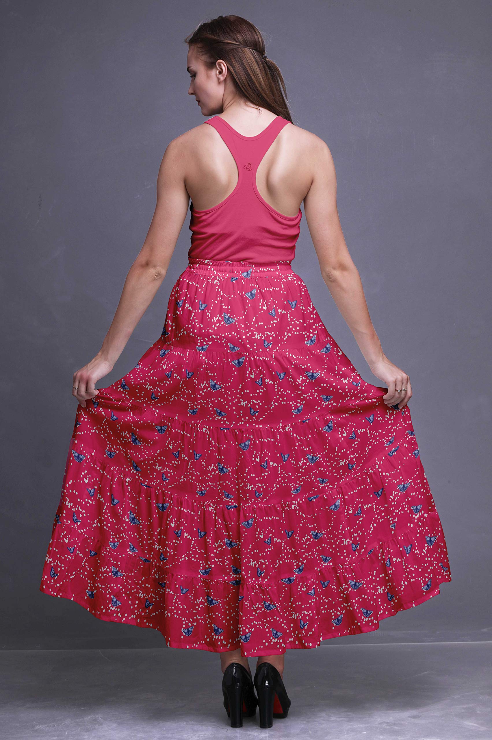 Boho Printed Long Tiered Cotton Skirt for Women - 5-Layer Flowy Maxi Skirt for Casual Wear, Beach, and Festival Outfits