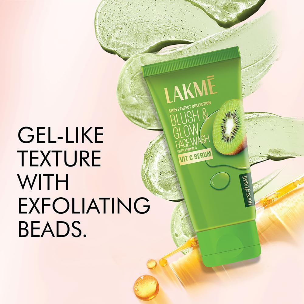 LAKMÉ Blush & Glow Exfoliating Face Wash with Vitamin C Serum & Kiwi Extracts - 100gm Gentle Refreshing Facial Cleanser for Brightening & Glowing Skin | Perfect for Daily Skincare Routine & Acne-Prone Skin