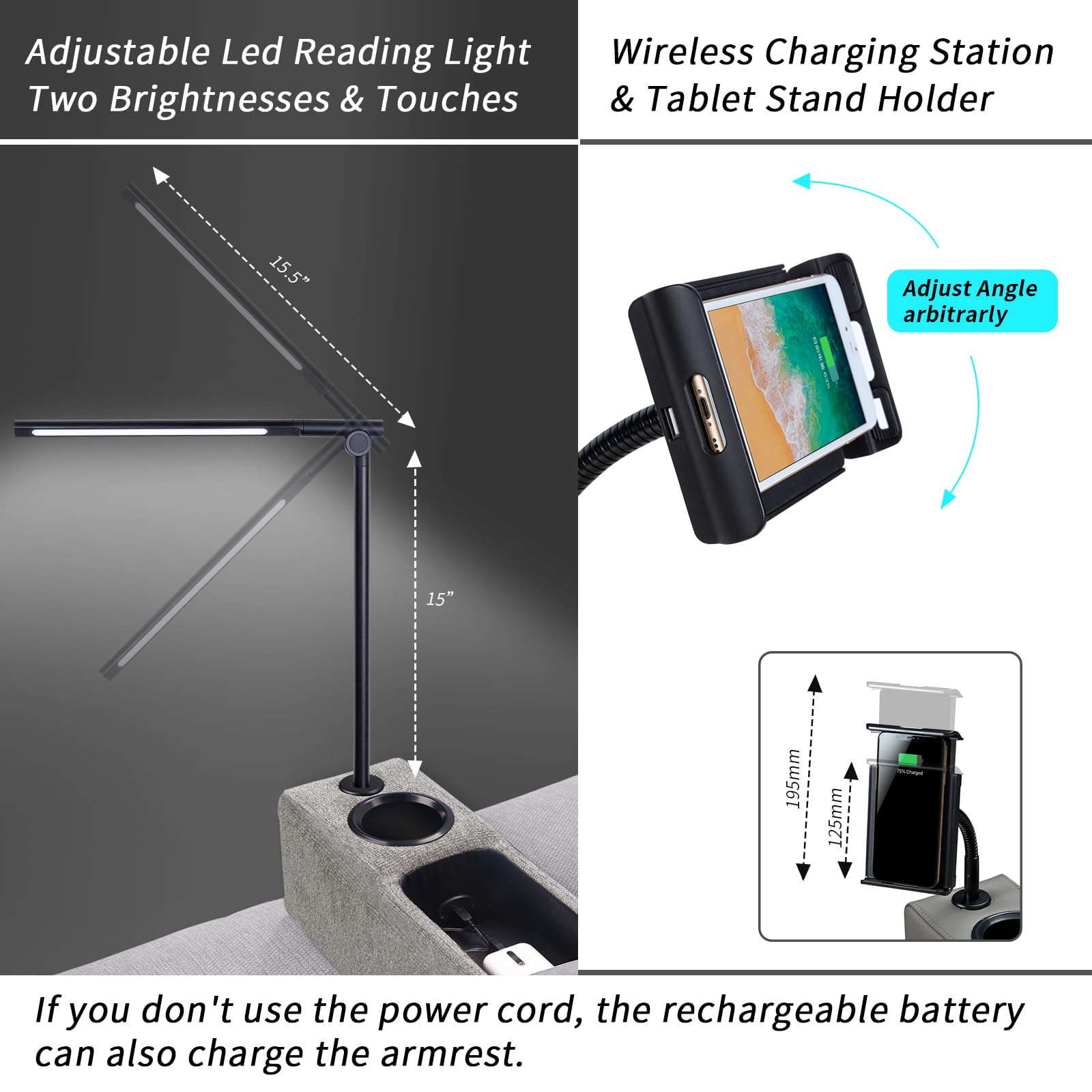 **Multifunctional Sofa Armrest Organizer with Wireless Charging, Removable Couch Caddy, Storage Pockets & LED Reading Light - Perfect for Living Room, Bedroom, or Office Comfort**